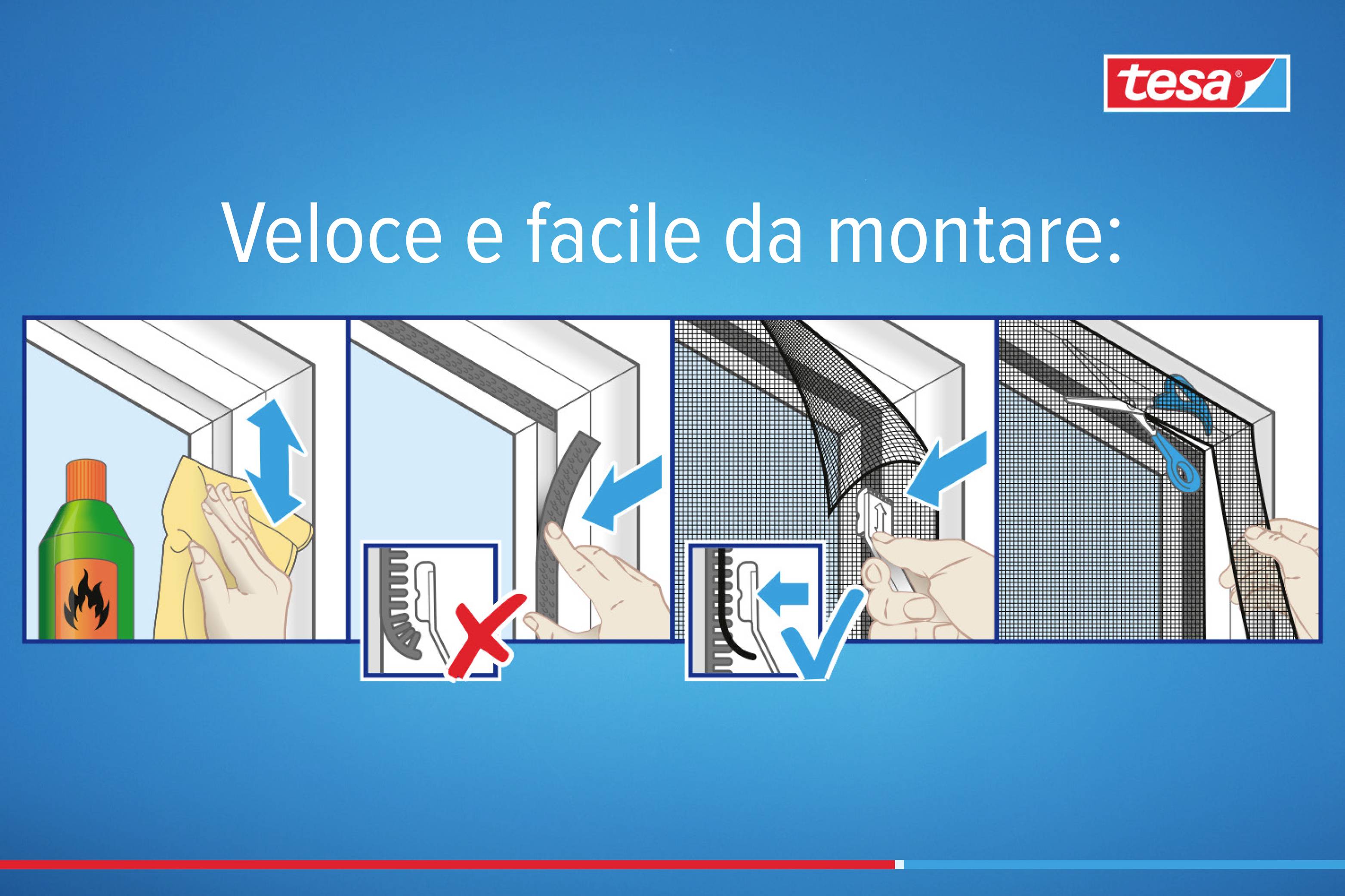 'Veloce e facile da montare': Vier Schritte zur Montage eines Fliegengitters gezeigt, mit Reinigung, Anbringen und Zuschneiden.