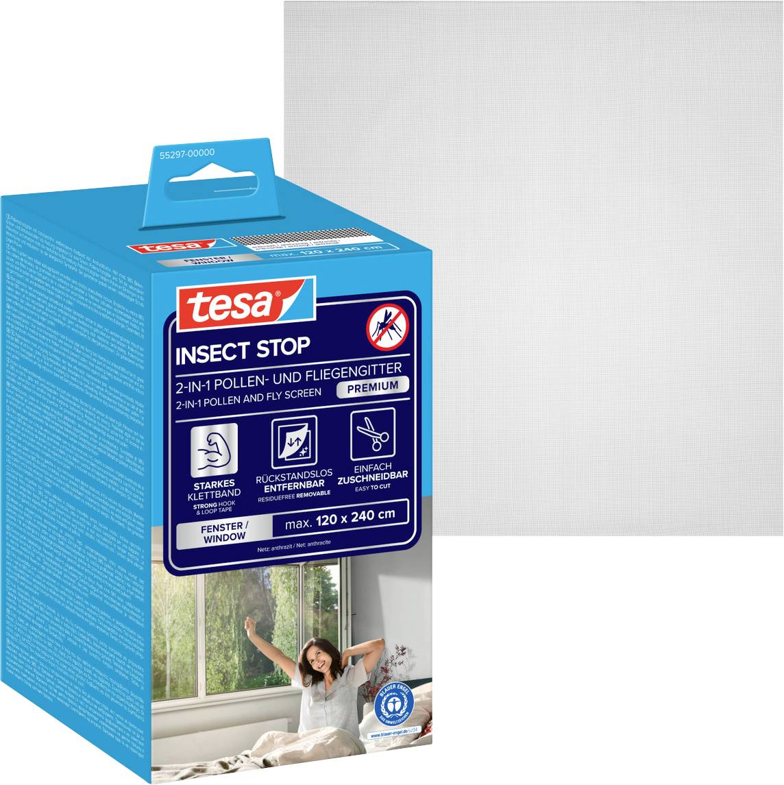 Verpackung für tesa 'Insect Stop' 2-in-1 Pollen- und Fliegenschutz Premium, Fenstergröße 120 x 240 cm, gezeigt mit einem Musterbildbeispiel des Maschengewebes.