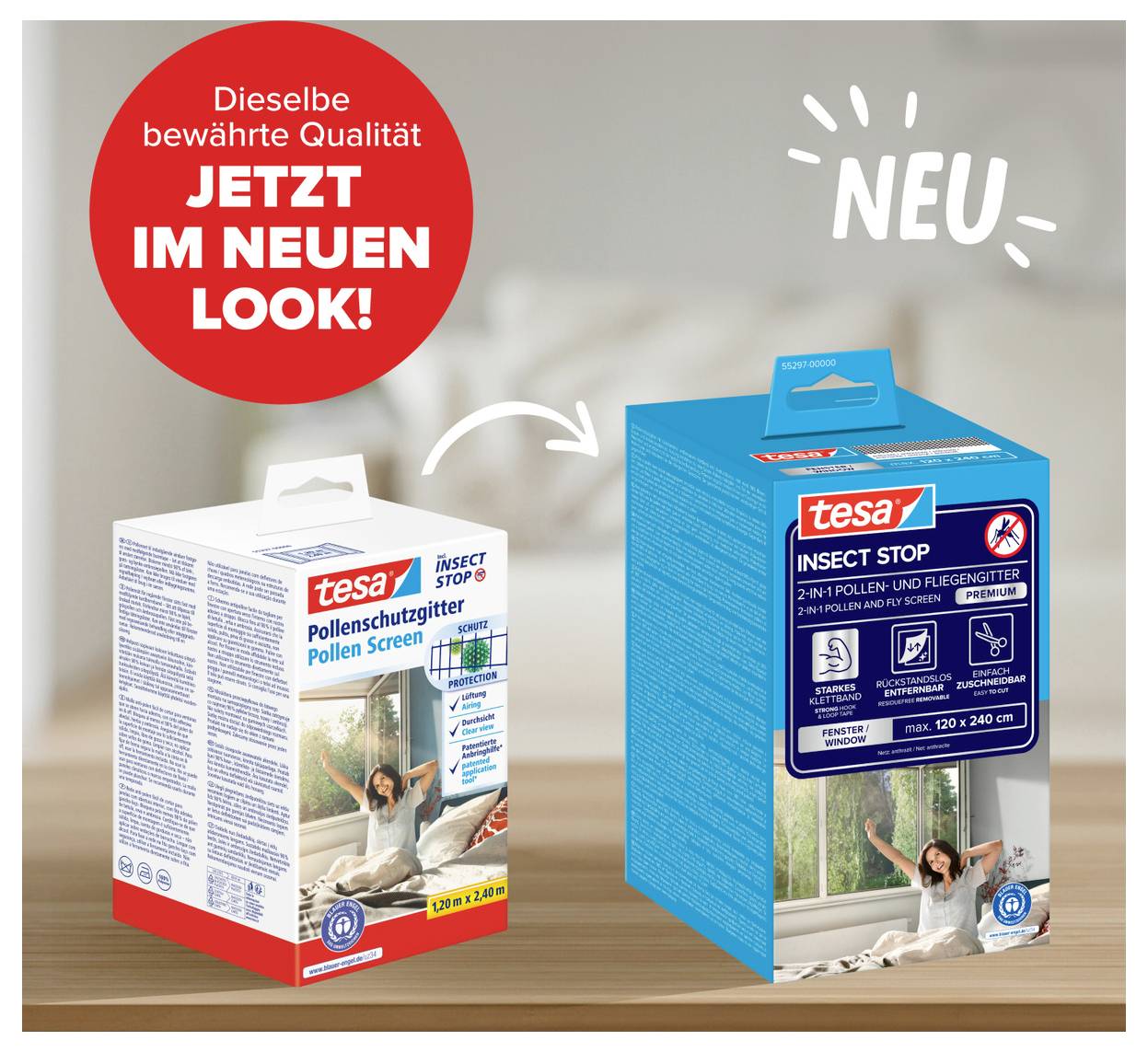 Anzeige zeigt Umgestaltung der Produktverpackung von tesa Insect Stop Fliegengitter, wobei die alte weiße Schachtel in eine neue blaue Schachtel wechselt; deutscher Text besagt gleiche bewährte Qualität, jetzt in neuem Look.