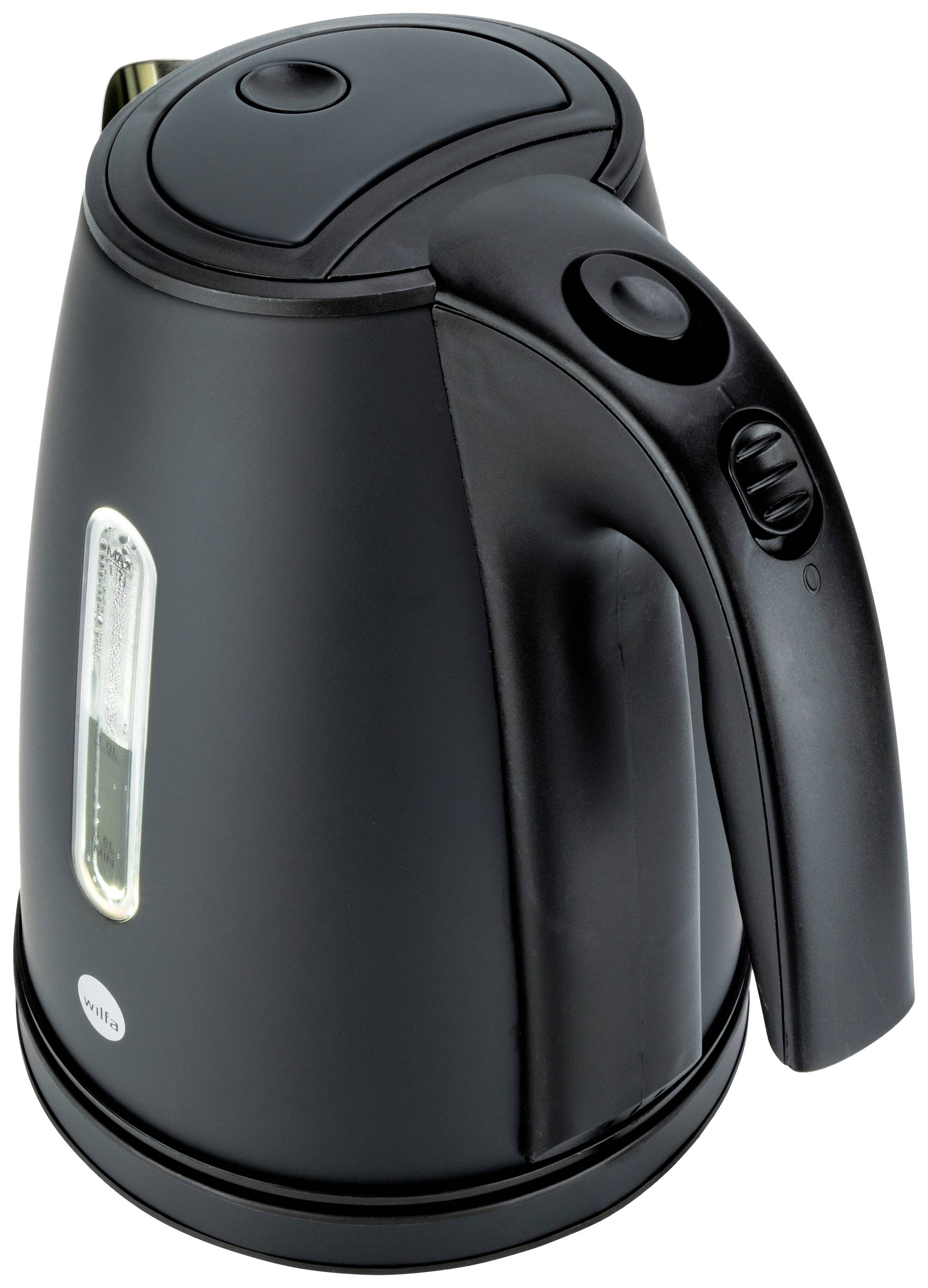 Schwarzer Wasserkocher mit Wasserstandsanzeige und benutzerfreundlichem Griff.