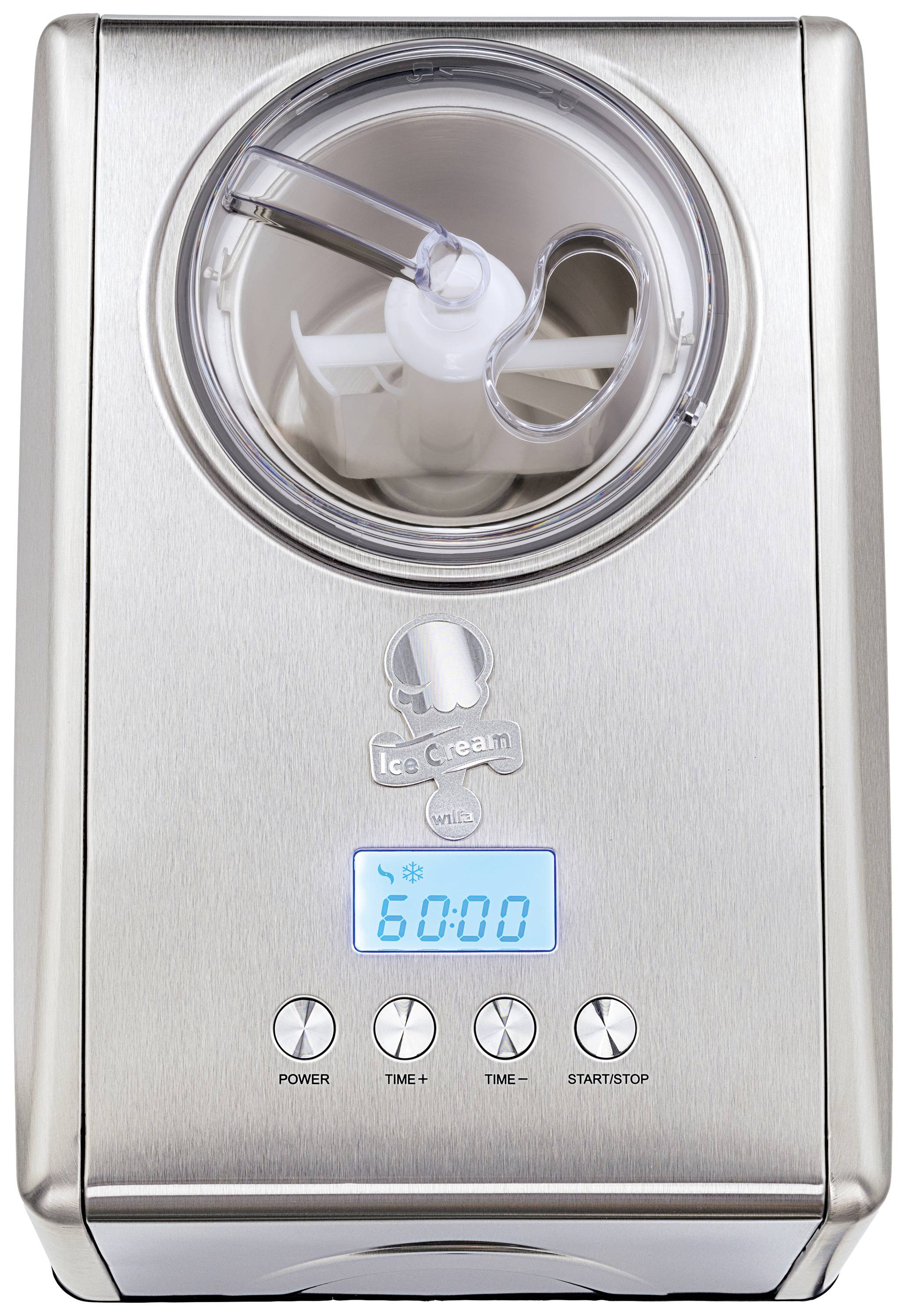 Silberne Eismaschine mit transparentem Deckel und digitalem Display. Vier Knöpfe unten: Power, Time +, Time -, Start/Stop.
