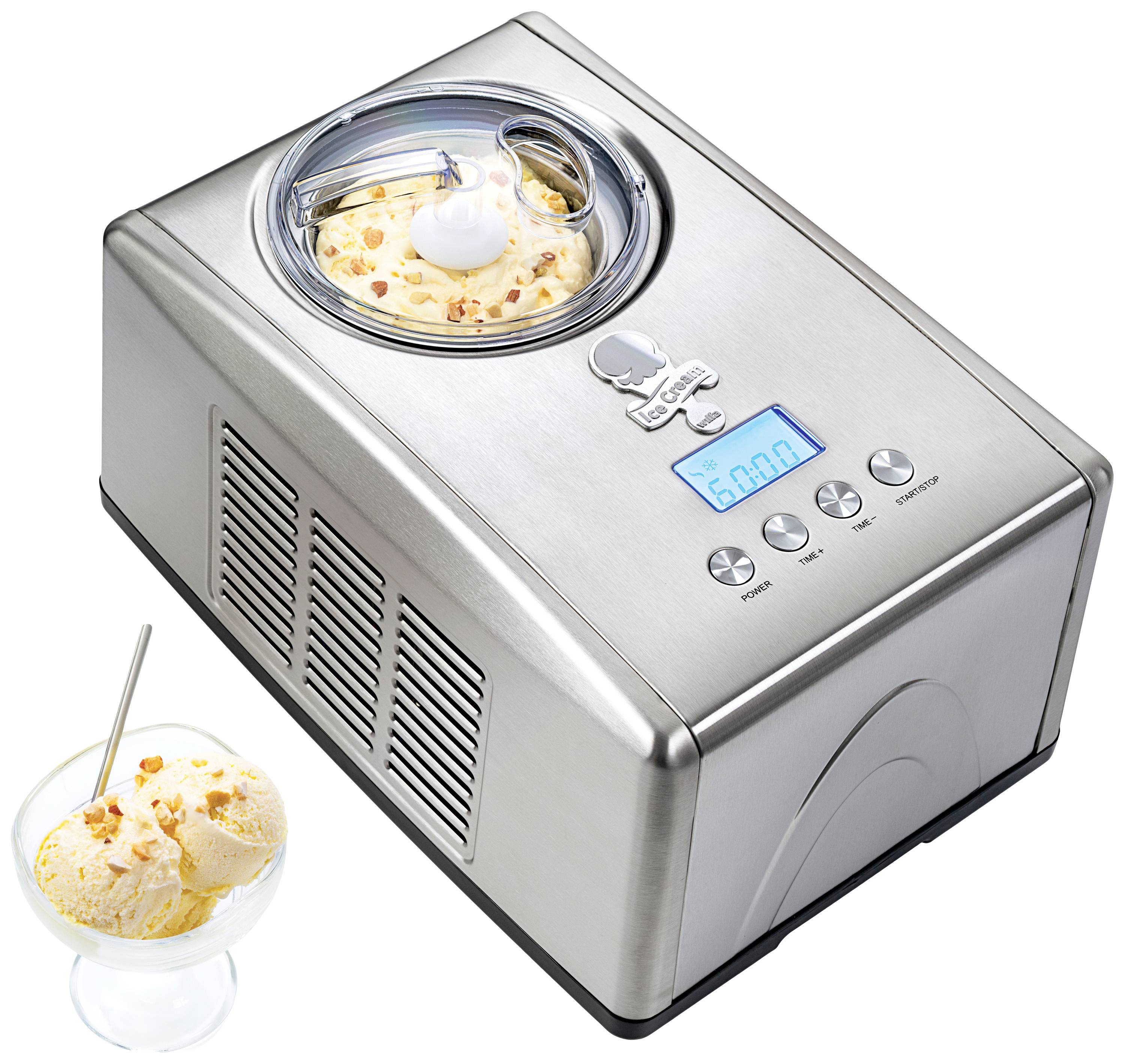 Eismaschine mit digitalem Display zeigt '5:00'. Daneben eine Glasschale mit zwei Kugeln Eis und einem Löffel.