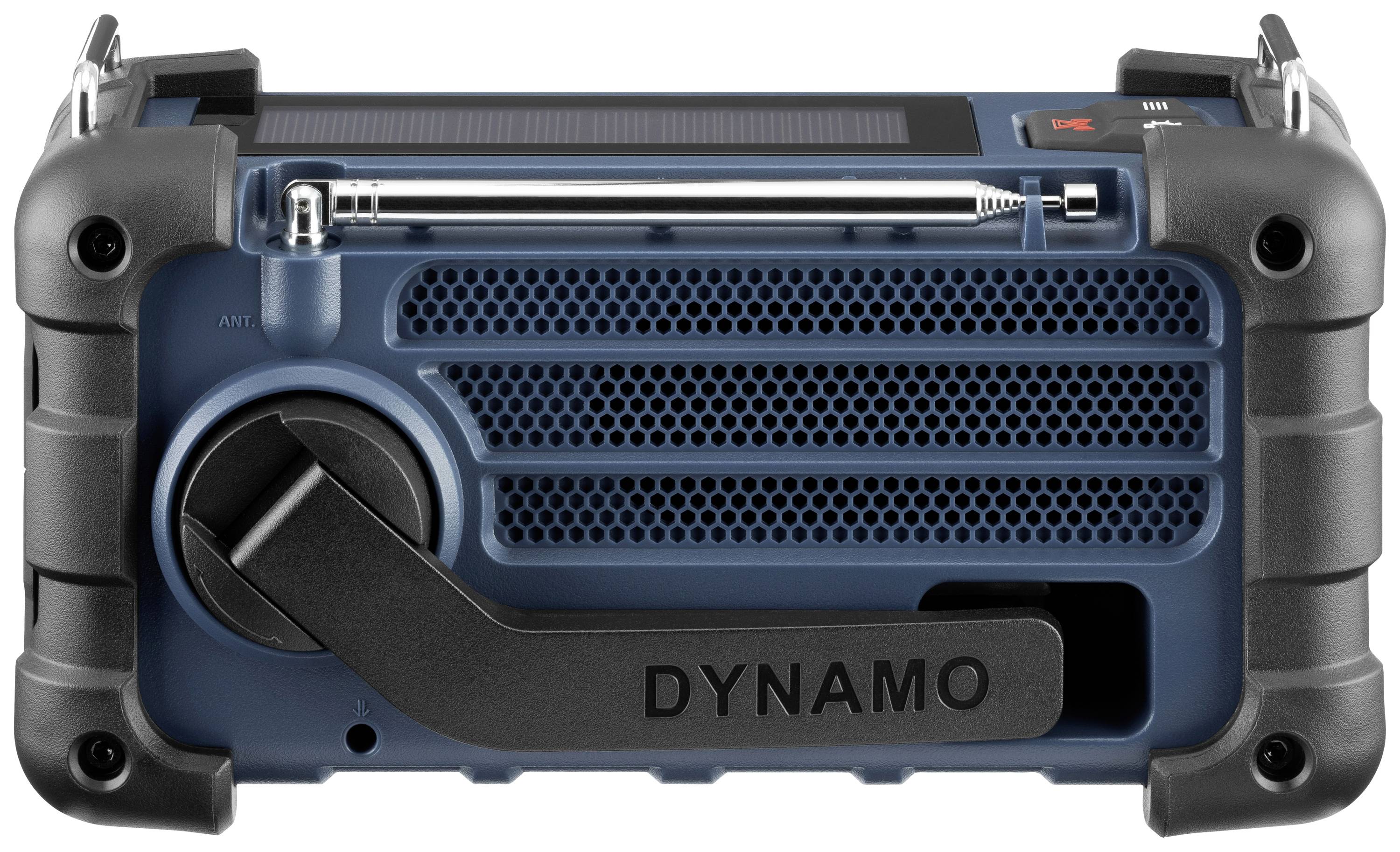 Tragbares blaues Notfallradio mit Handkurbel und Solarzelle. Robust gebaut, ideal für Outdoor-Aktivitäten und Notfälle.