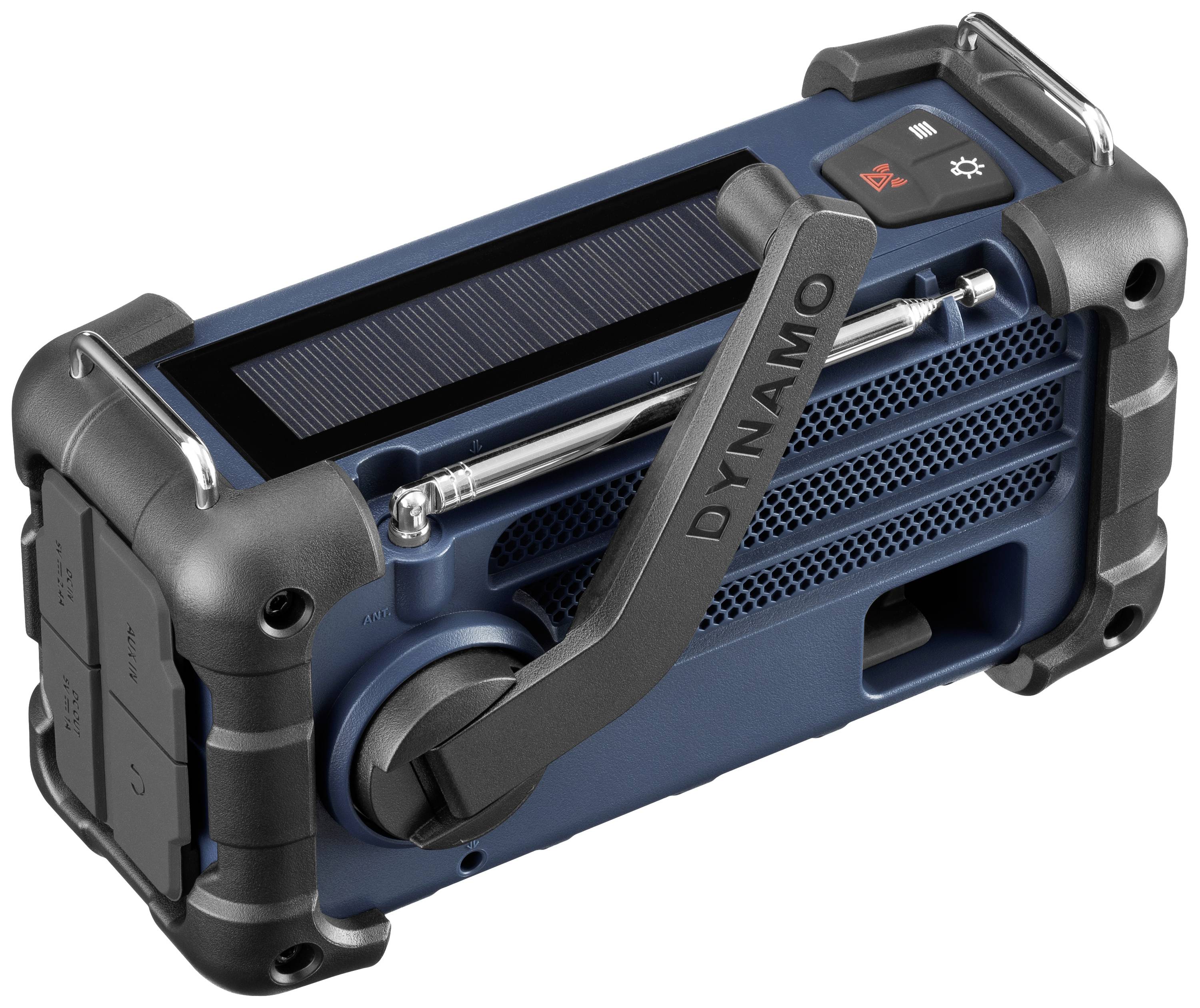 Tragbares Radio mit Solarpanel und Kurbel. Auf der Seite steht 'Dynamo'. Geeignet für Notfallsituationen, bei denen kein Strom verfügbar ist.