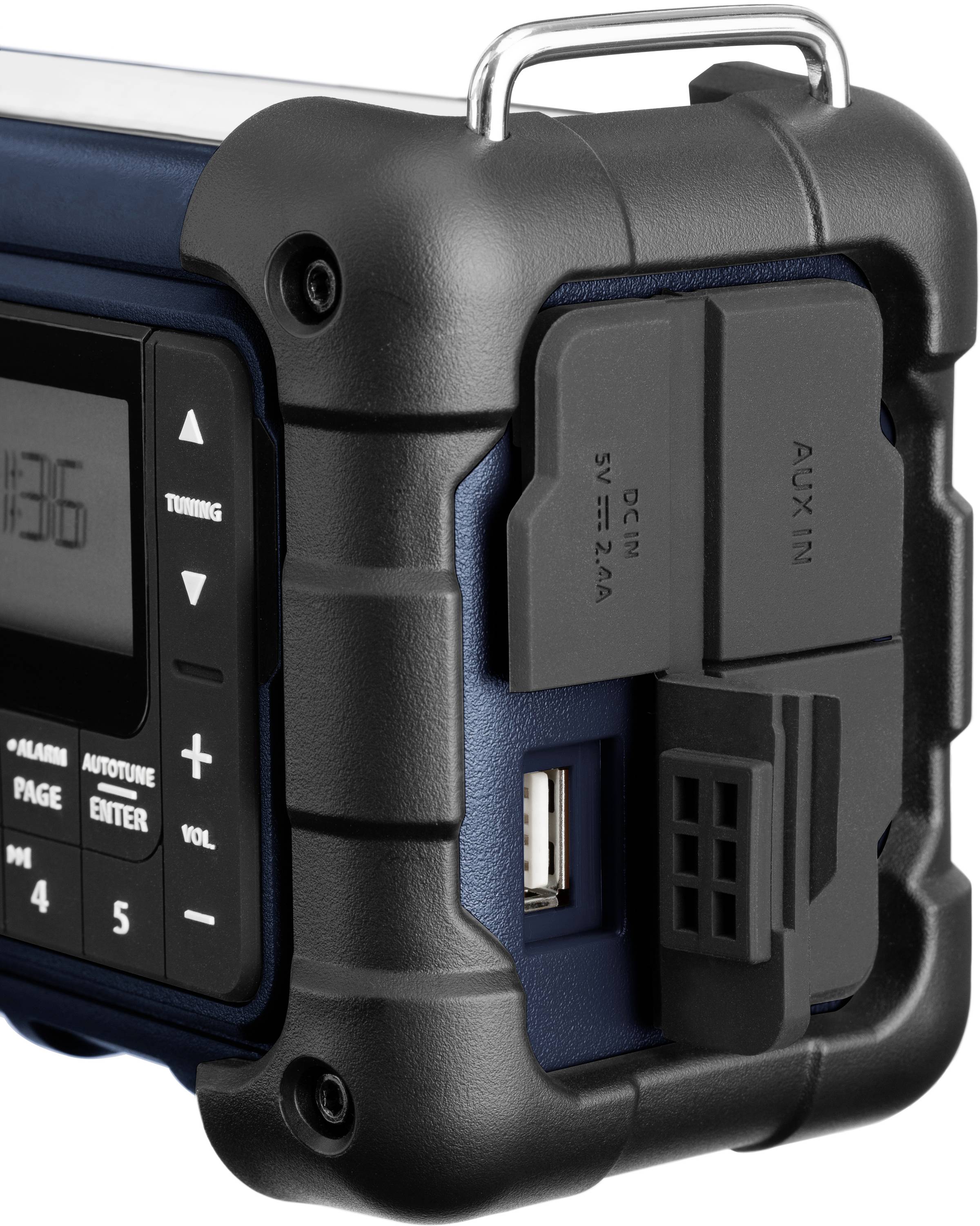 Kompaktes tragbares Radio mit robustem Design und USB-Anschluss auf der Seite. Geeignet für Outdoor-Nutzung.