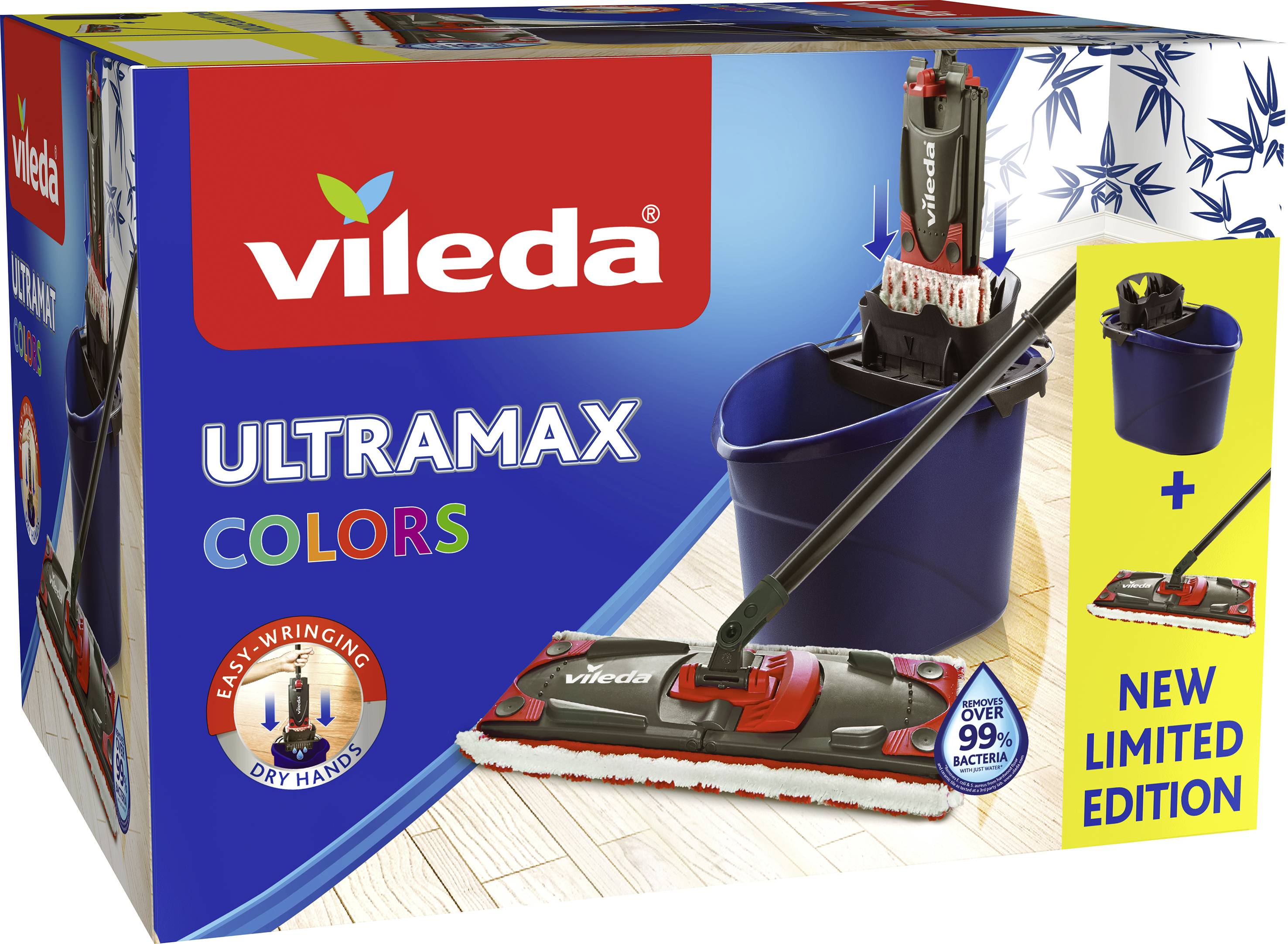 'Vileda Ultramax Colors' Reinigungsset mit Eimer und Mop auf farbiger Verpackung, zeigt 'Easy Wringing', 'Dry Hands' und 'New Limited Edition'.