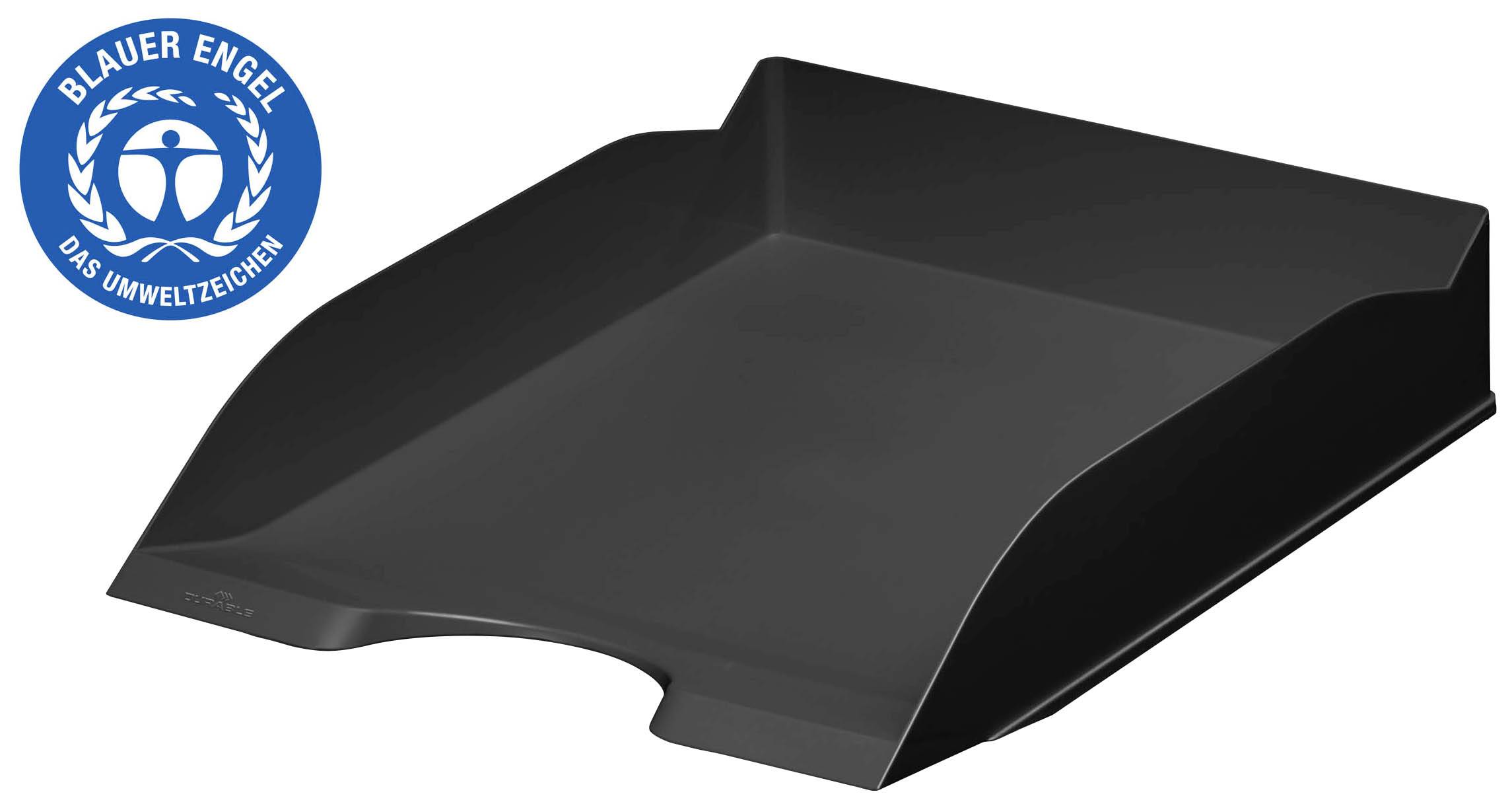 Ein schwarzes Ablagefach mit dem Umweltsiegel 'Blauer Engel' oben links, das Nachhaltigkeit signalisiert.