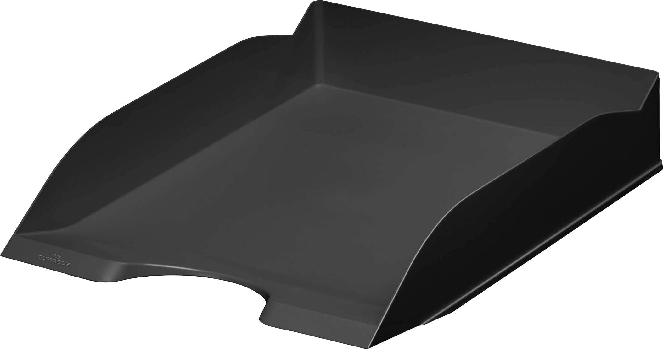 Schwarzes Plastikbriefablagefach mit erhöhten Seiten und einer ausgeschnittenen Vorderkante, geeignet zur Ablage von Dokumenten auf einem Schreibtisch.