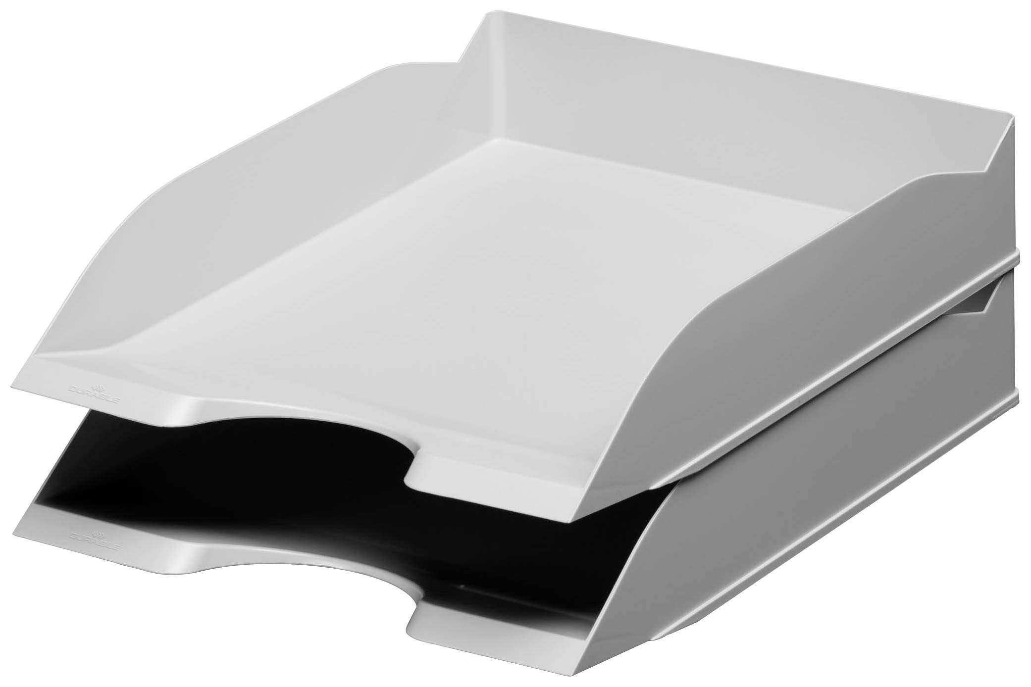 Zwei übereinander gestapelte, weiße Ablageschalen aus Kunststoff für Dokumente und Papiere, nebeneinander angeordnet.