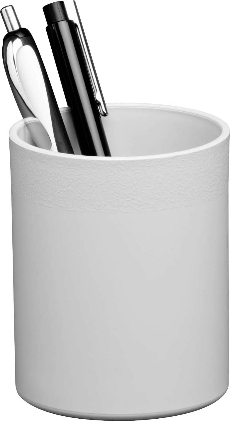 Ein weißer Stiftehalter mit zwei Kugelschreibern, einem schwarzen und einem silbernen.