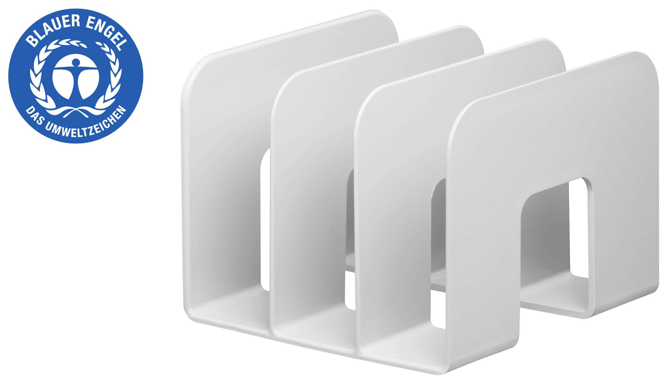 Dokumentenhalter aus weißem Kunststoff mit drei Fächern. 'Blauer Engel' Umweltsiegel oben links.