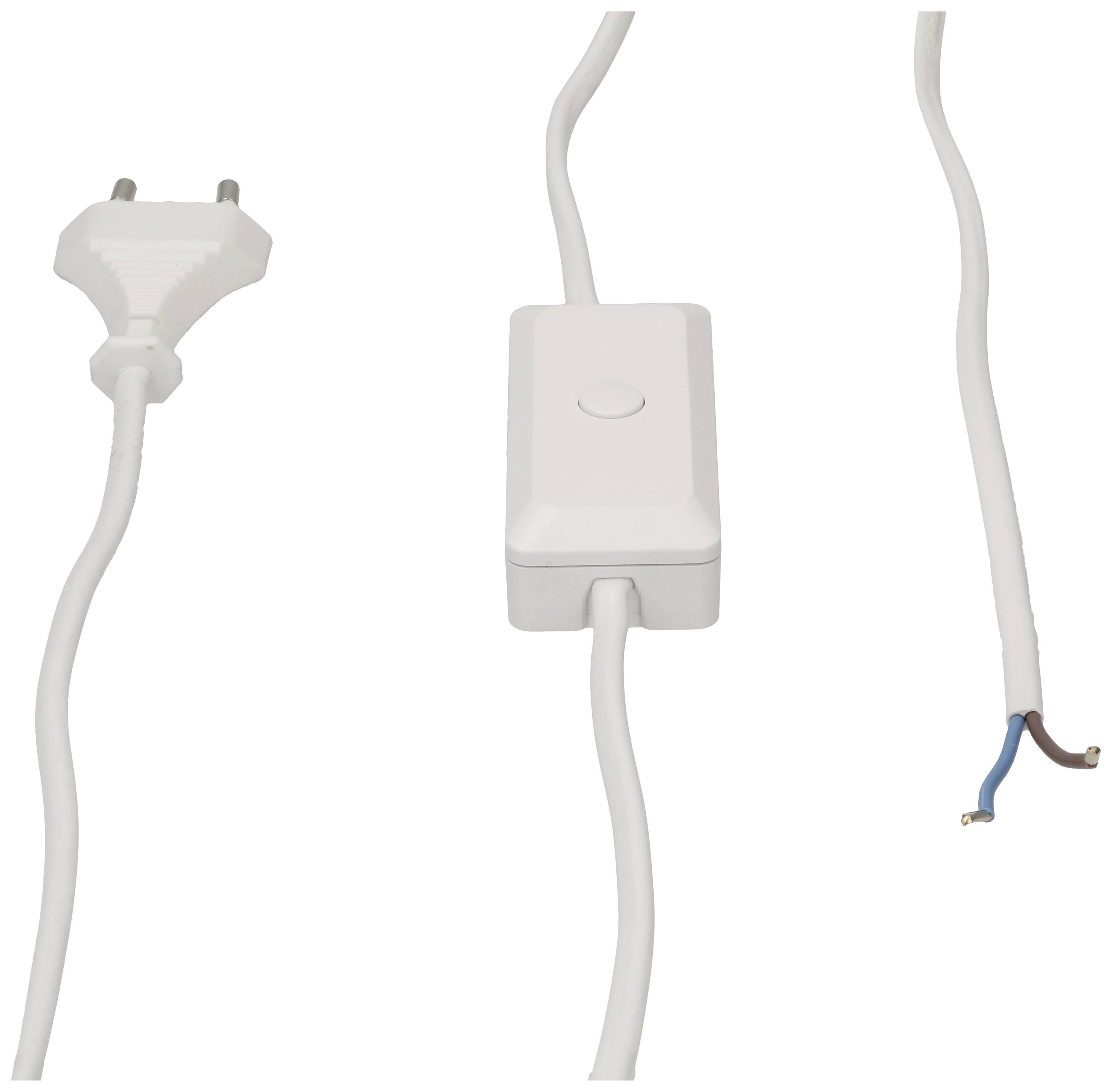 Ein weißes Netzkabel mit Stecker und einem Zwischenschalter in der Mitte. Das Kabel endet offen mit losen Kupferdrähten.