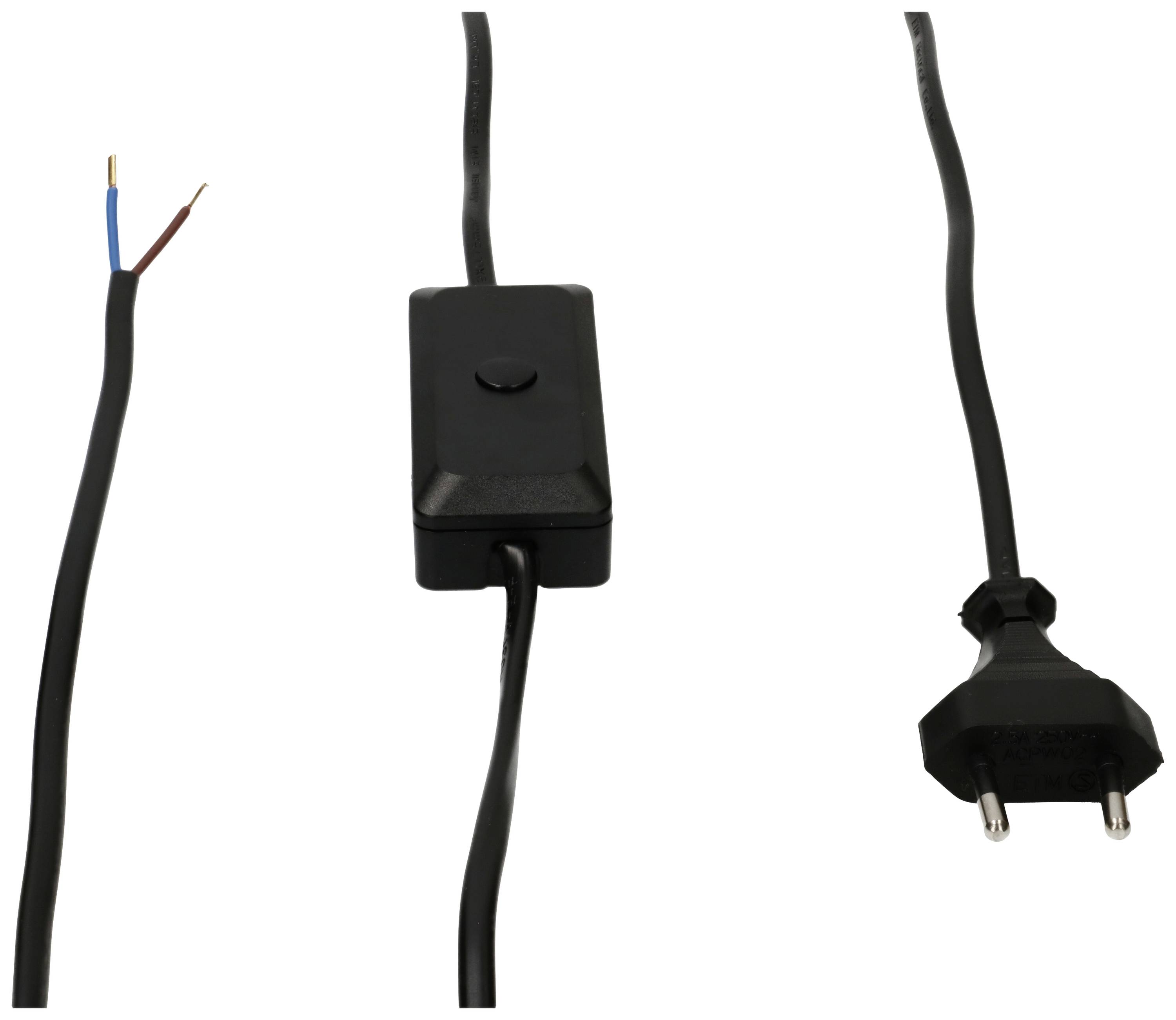 Ein Stromkabel mit einem Schalter in der Mitte und einem europäischen Stecker am Ende.