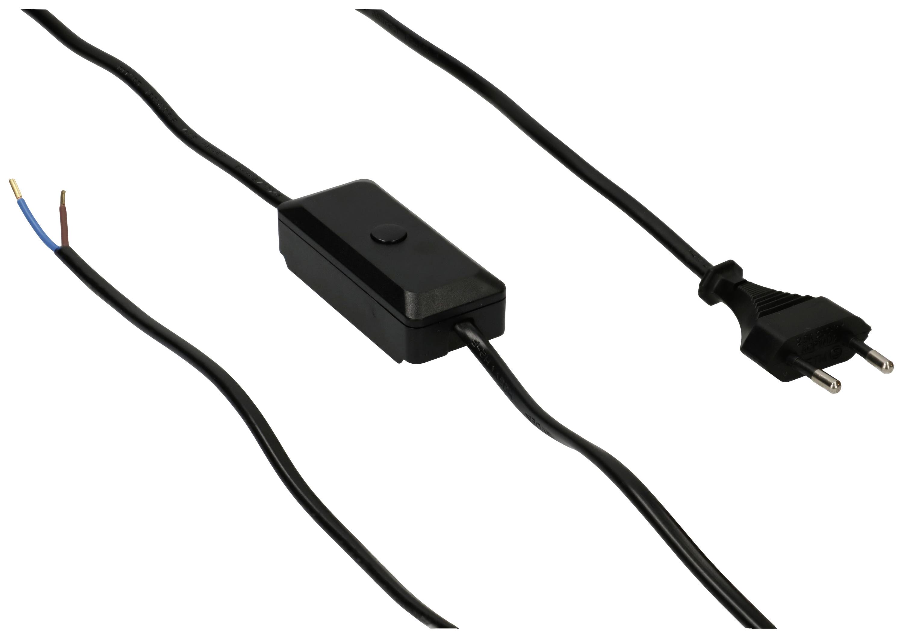 Schwarzes Netzkabel mit Kippschalter, an einem Ende zweipoliger Stecker, am anderen Ende abisolierte Drähte.