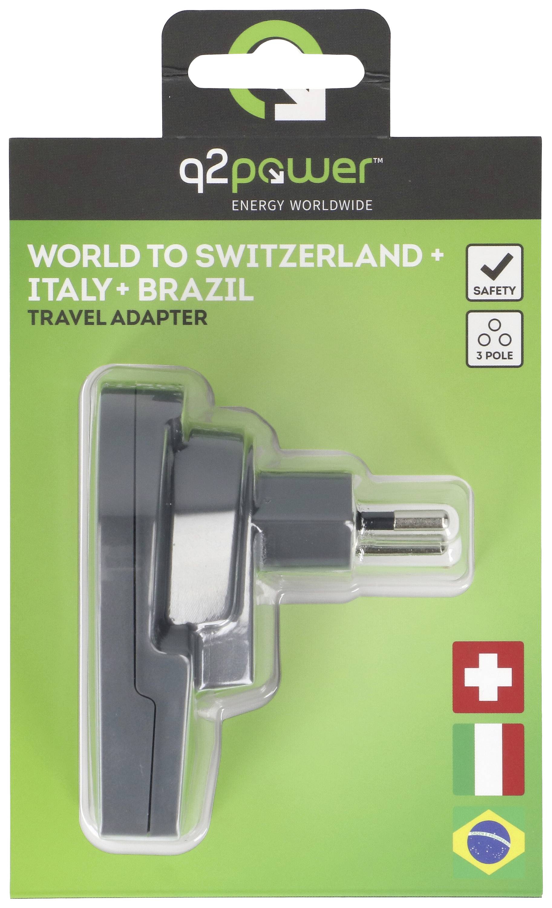 Reiseadapter-Verpackung von q2power für die Nutzung in der Schweiz, Italien und Brasilien. Zeigt das Adaptermodell und Ländersymbole.