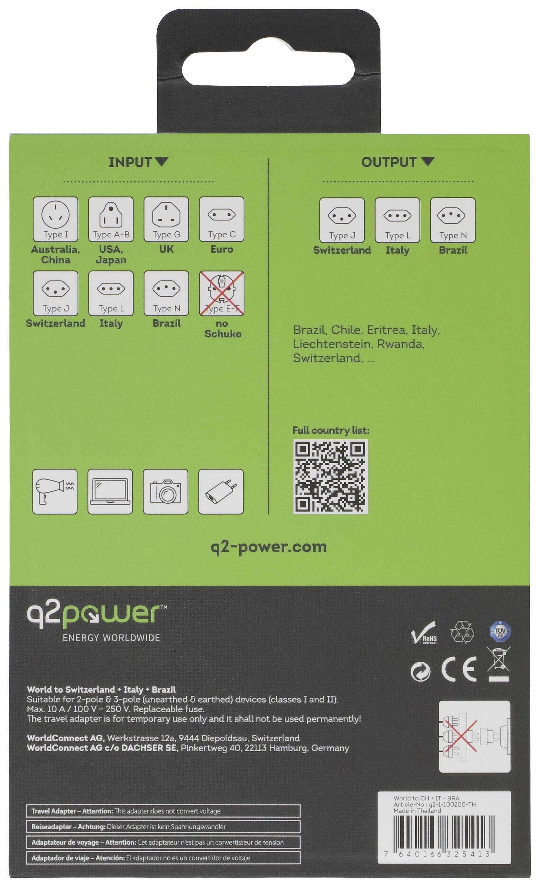 Rückseite einer Verpackung für einen Reisesteckeradapter. Zeigt die Ein- und Ausgänge für verschiedene Länderstecker. Enthält Kontaktinformationen und Website.