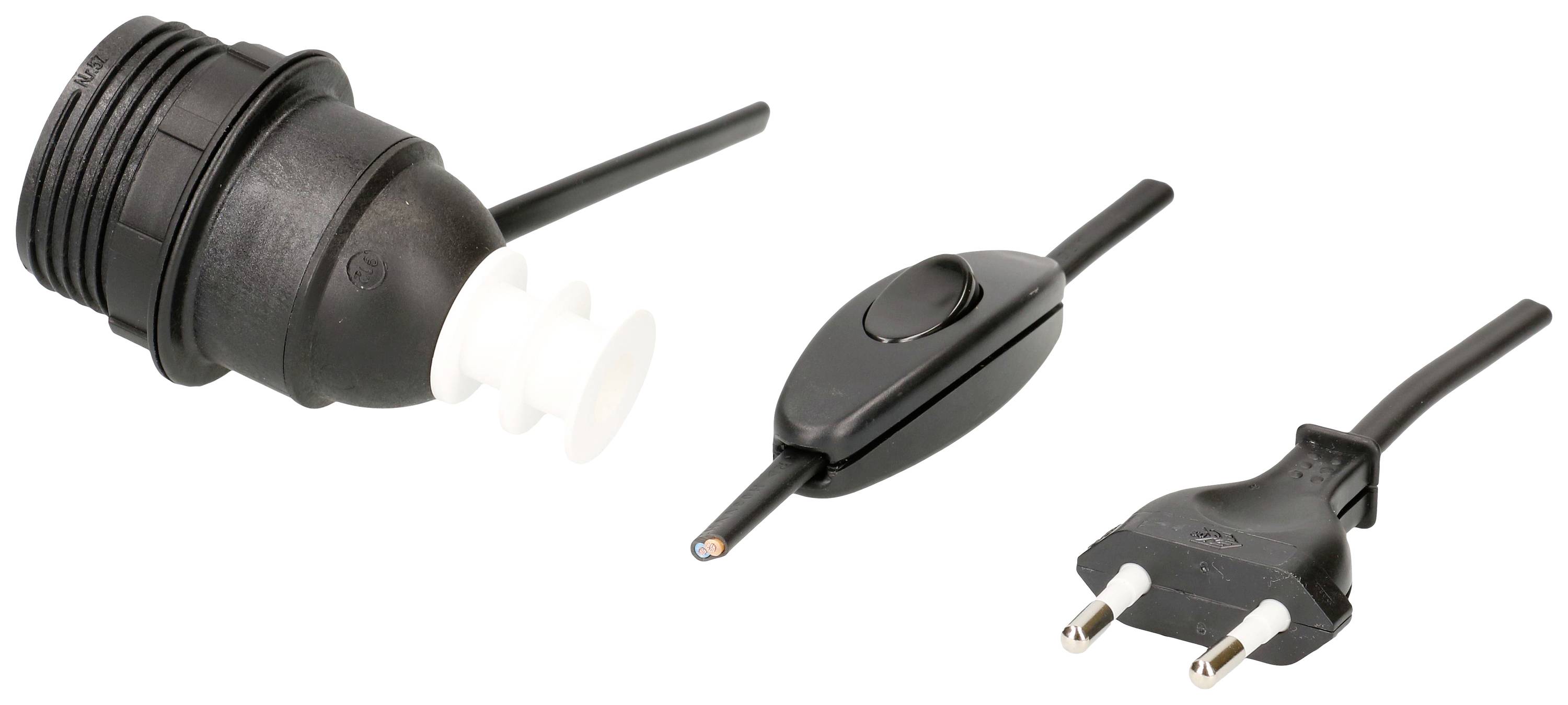 Schwarzes Euro-Steckerset mit Kabel, Zwischenstecker und Euro-Stecker. Geeignet für Elektrogeräte-Verkabelung in Europa.