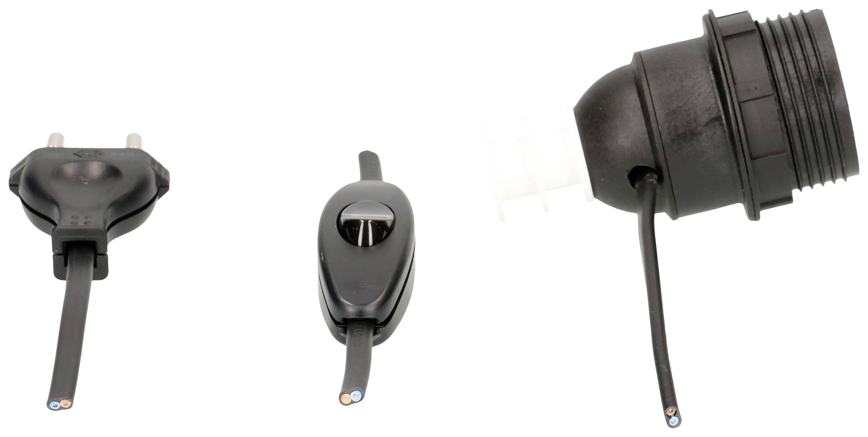 Drei schwarze elektrische Komponenten: Stecker, Schalter und Anschlussgehäuse, jeweils mit sichtbaren Kabeln und Aderendhülsen.