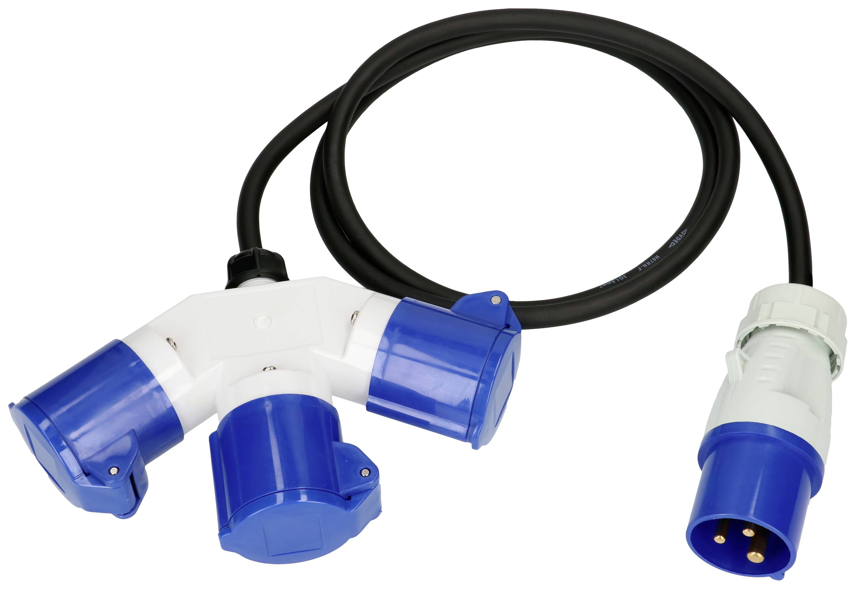 Ein dreifacher blauer CEE-Steckverbinder mit Kabel, geeignet für den Anschluss mehrerer Geräte an eine Stromquelle.