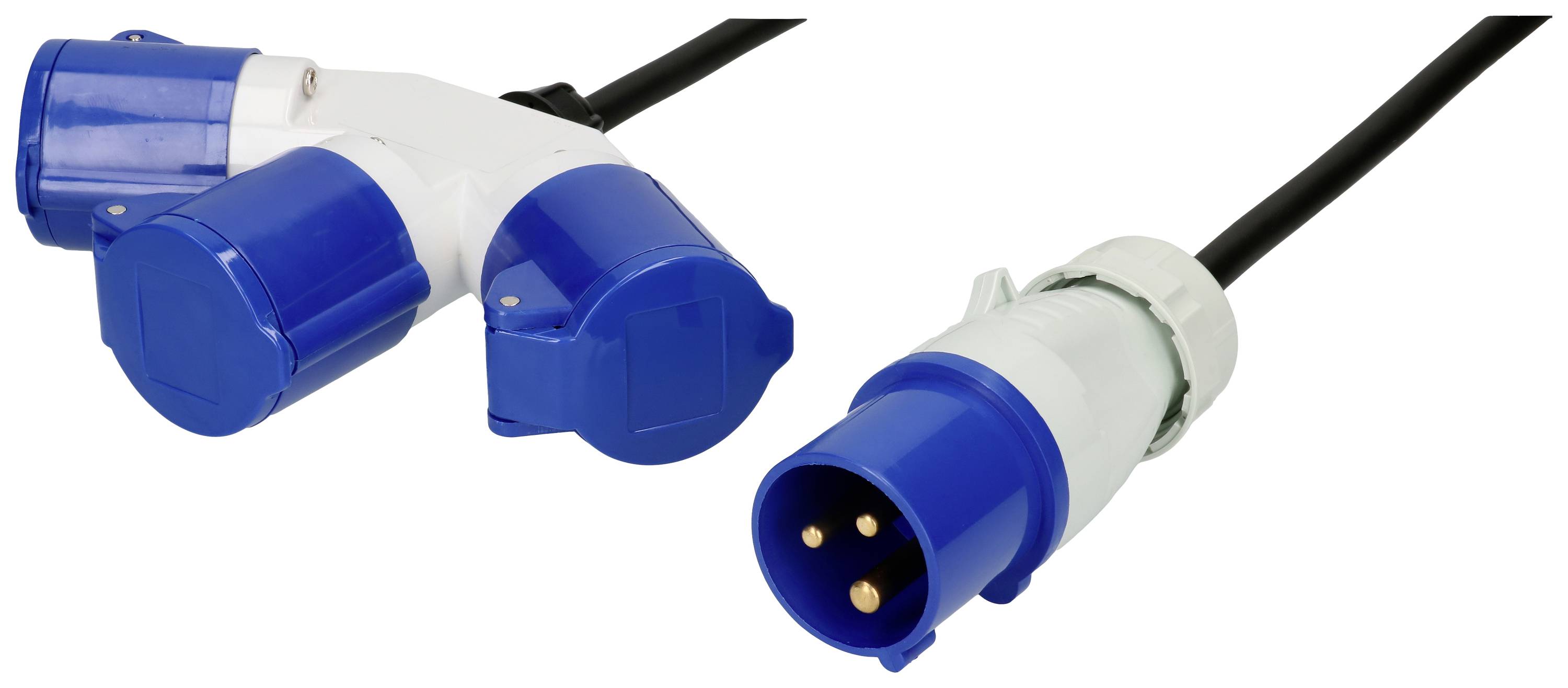 Ein dreiteiliger blauer Verteilerstecker und ein blauer Stecker mit drei Kontakten, beide an einem schwarzen Kabel.