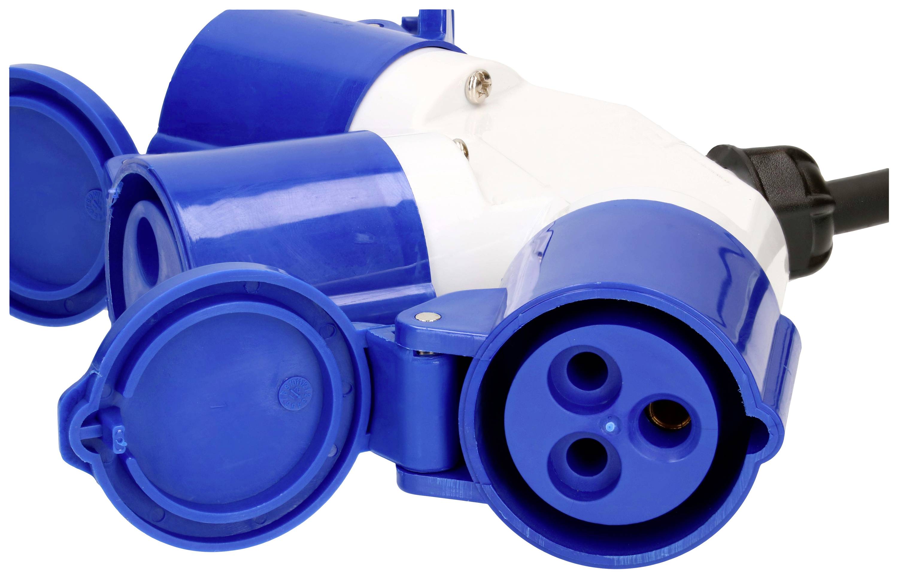 Ein blauer CEE-Drehstromstecker mit drei runden Steckplätzen und Schutzklappen, verwendet für industrielle Stromverbindungen.