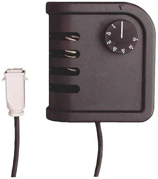 Schwarzes elektrisches Heizgerät mit Temperaturregler und Kabel. Rechts befindet sich ein Drehknopf mit weißer Skala.