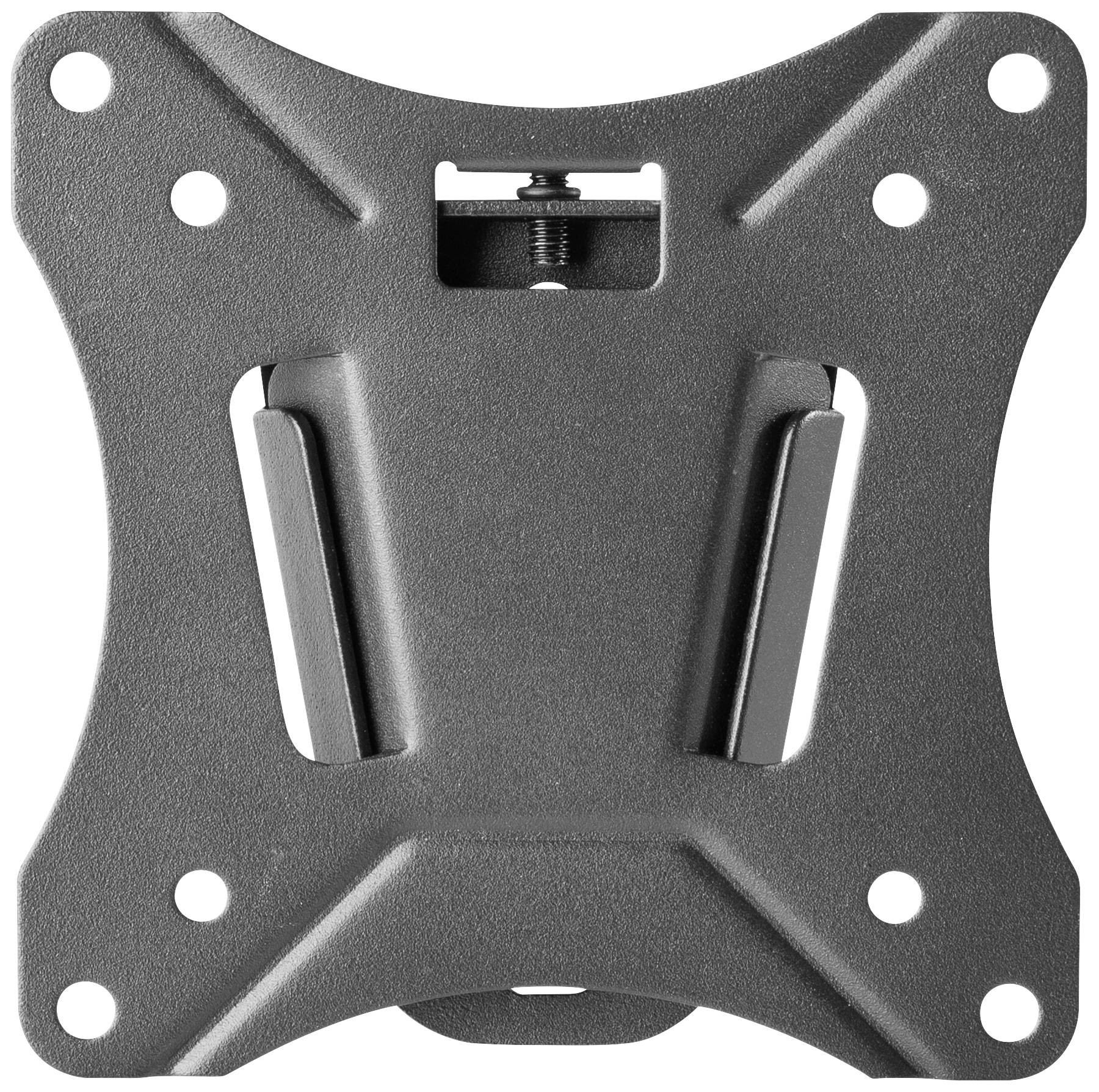 Metallische Wandhalterung mit symmetrischem Design und mehreren Bohrlöchern für die einfache Befestigung von Monitoren oder Fernsehern.