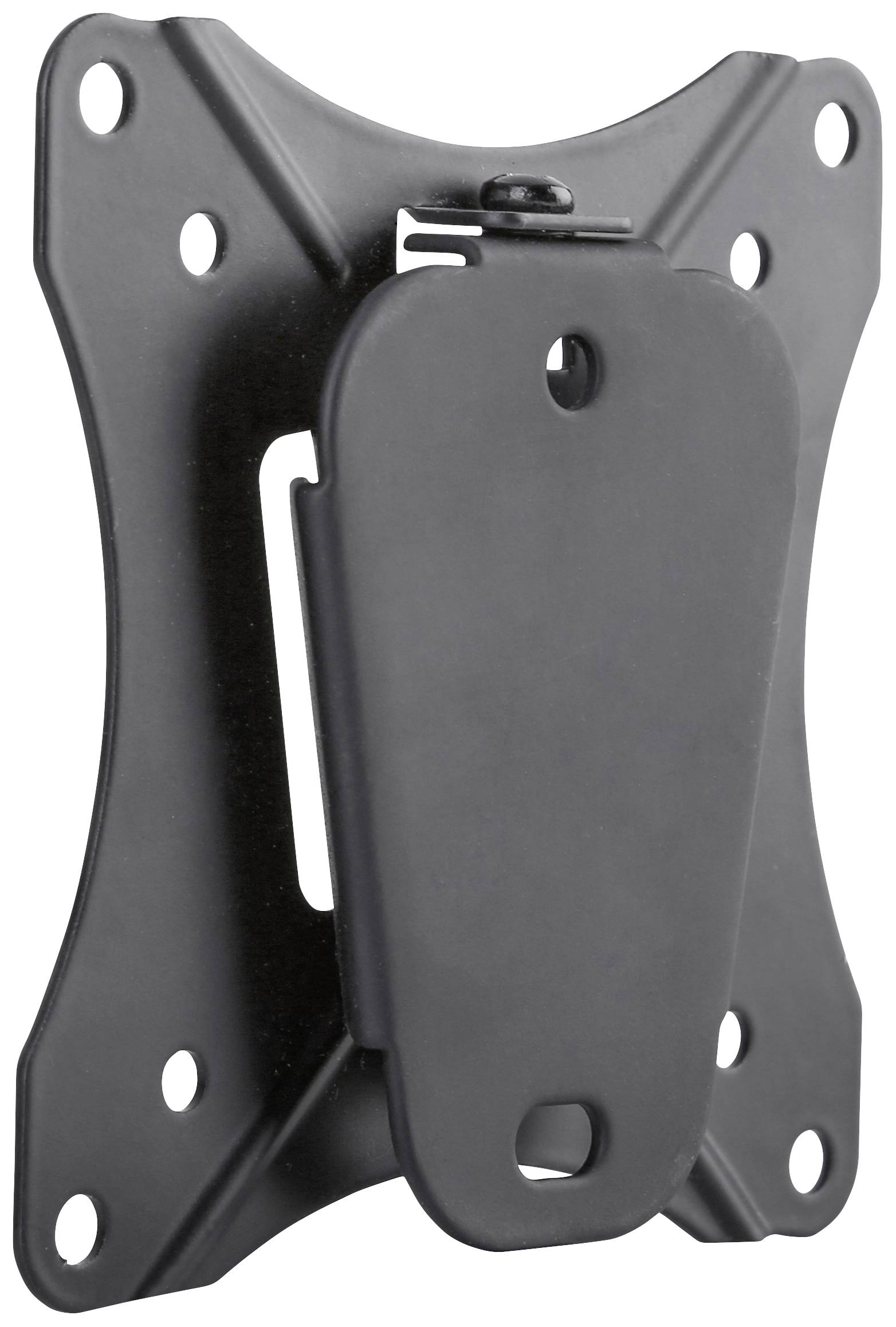 Eine schwarze, wandmontierbare Halterung für Flachbildschirme. Sie hat mehrere Löcher zur Befestigung und ist aus Metall gefertigt.