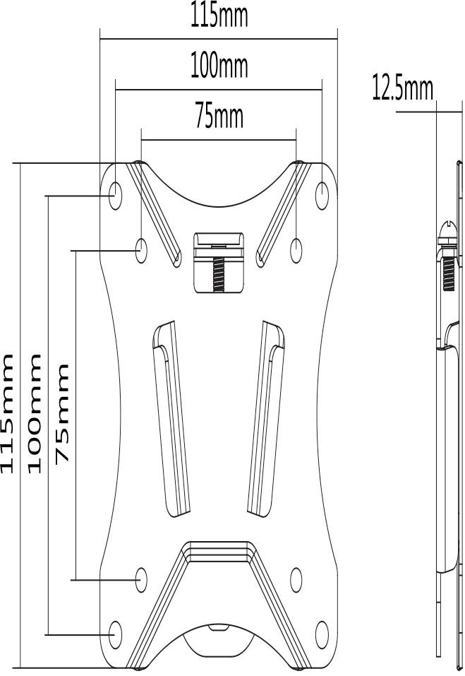 Technische Zeichnung einer Halterung mit Maßen: 115mm x 100mm, Dicke 12,5mm. Schraubenpositionen und zentrale Konnektorbefestigung sichtbar.