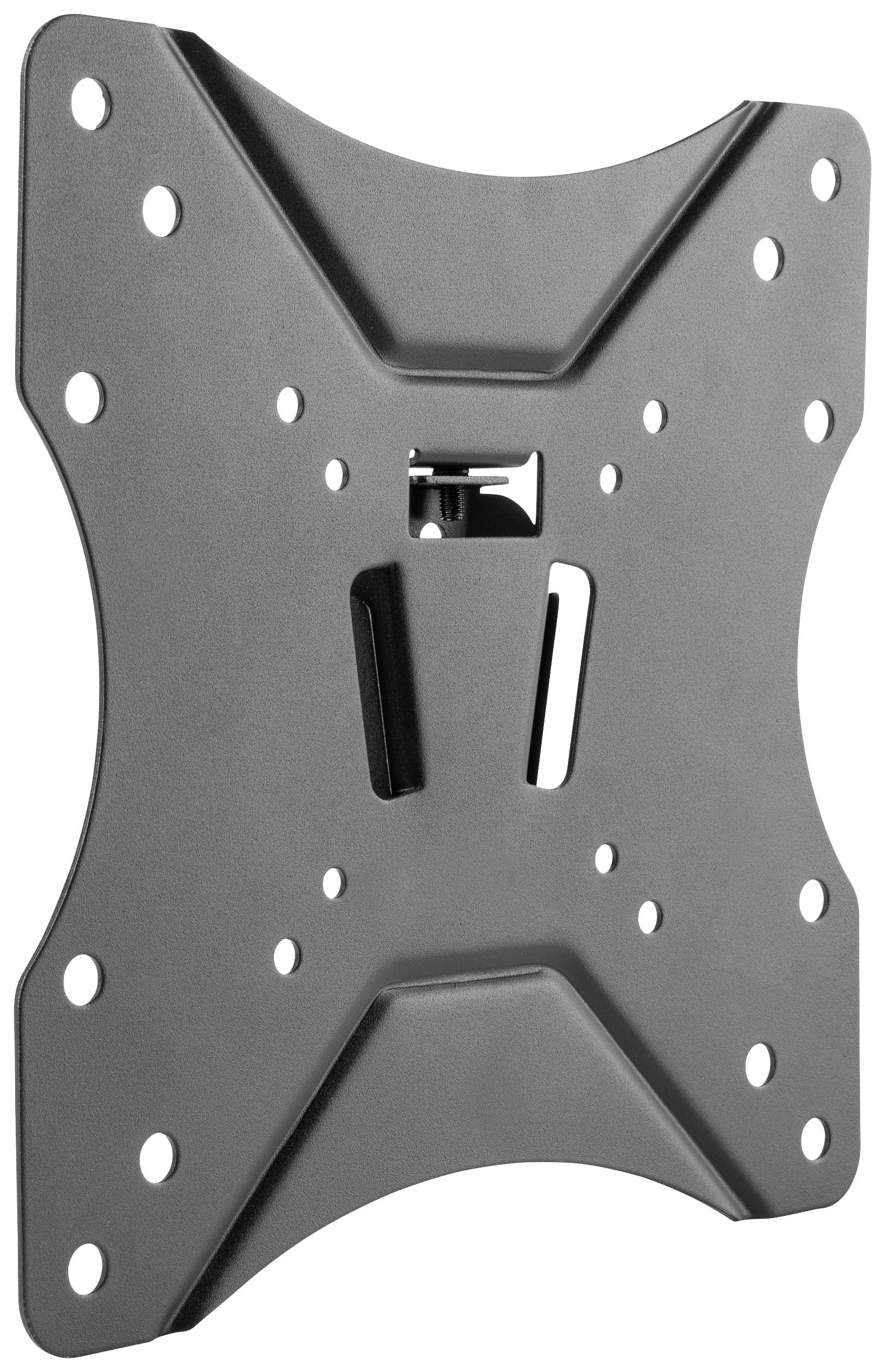 Ein flacher, schwarzer TV-Wandhalter aus Metall, rechteckig mit mehreren Löchern für die Befestigung, geeignet für kleine bis mittelgroße Bildschirme.