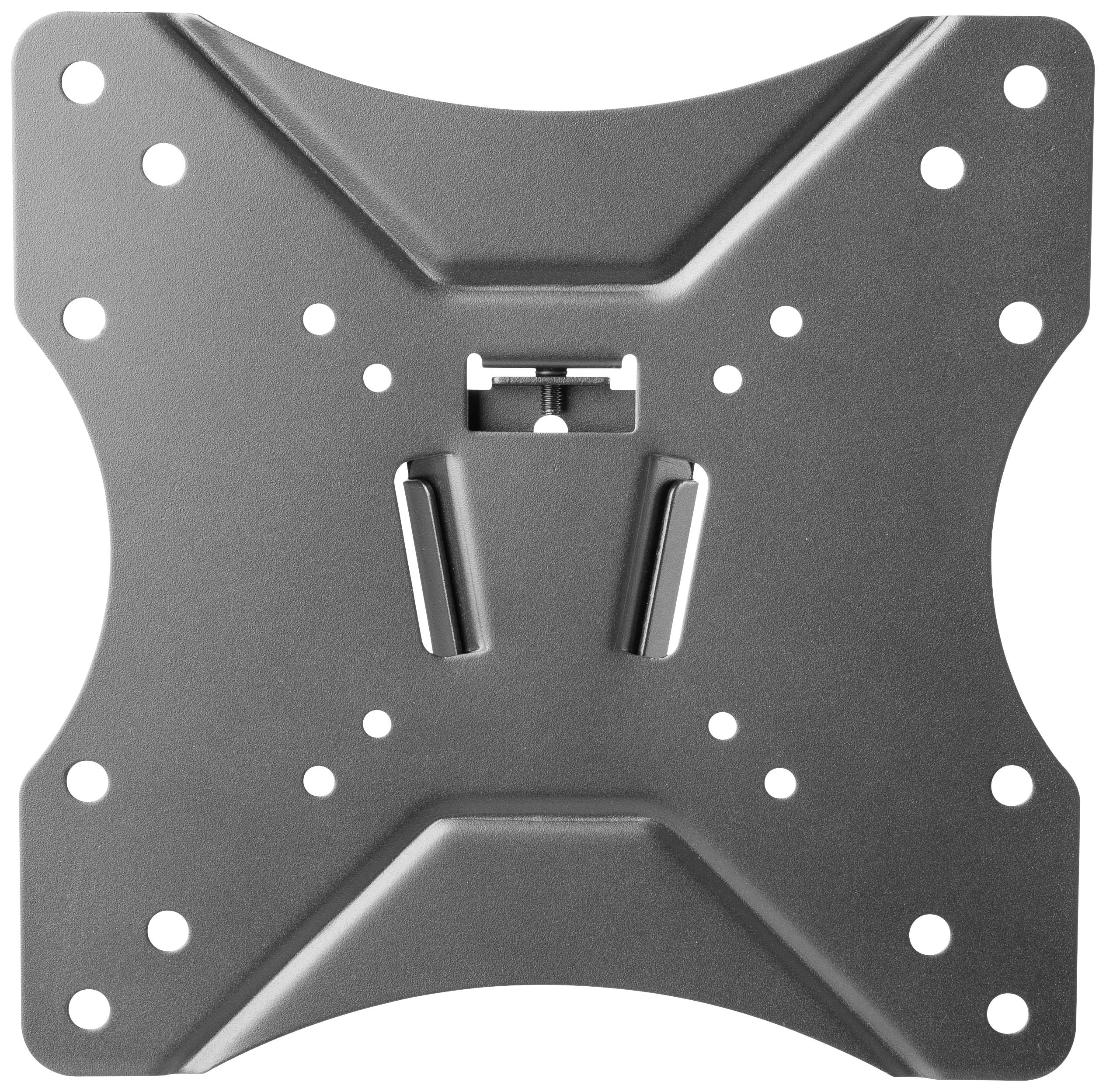 Eine schwarze TV-Wandhalterung mit symmetrischem Design und mehreren Schraubenlöchern für die Befestigung an der Wand und am Gerät.