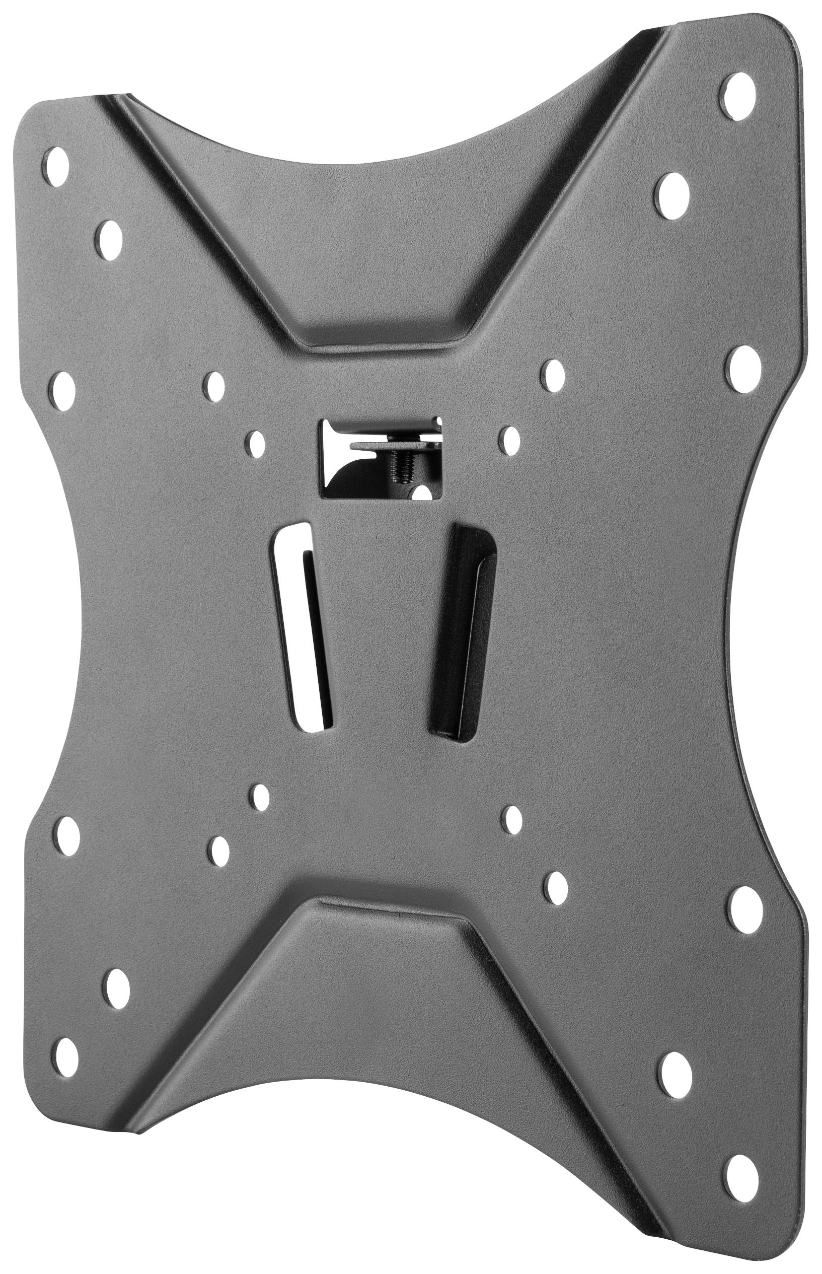 Eine schwarze TV-Wandhalterung aus Metall mit mehreren Befestigungslöchern, geeignet für die Installation eines Flachbildfernsehers.