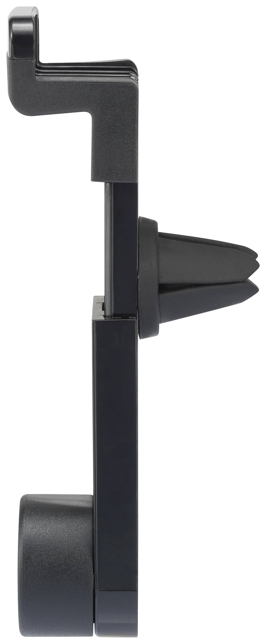 Ein schwarzer Auto-Handyhalter in seitlicher Ansicht. Er hat einen Clip zur Befestigung an Lüftungsschlitzen und ein verstellbares Halterungssystem.