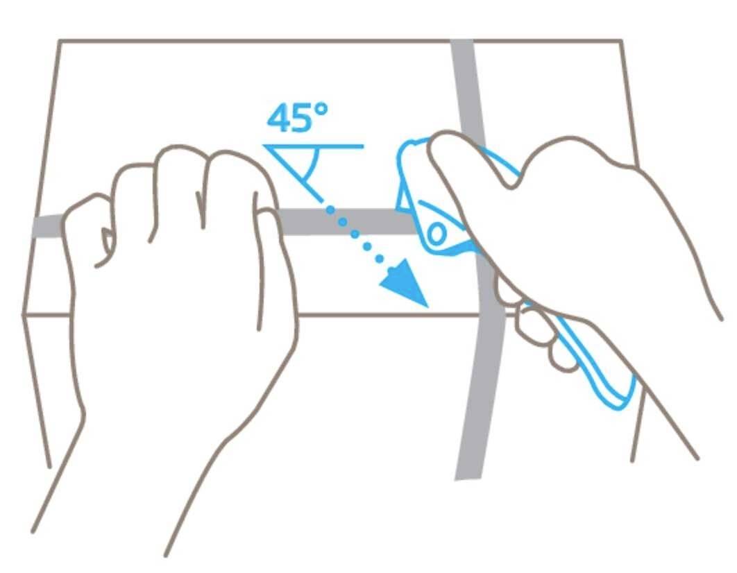 Illustration zeigt, wie man ein Paket mit einem Cutter öffnet. Messer in 45-Grad-Winkel ins Klebeband einführen. Hände halten Paket und Cutter.