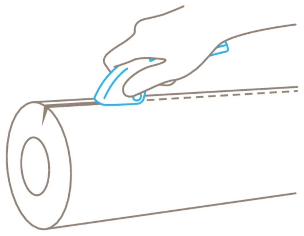 Ein Diagramm zeigt eine Hand, die mit einem Schneidewerkzeug einen geraden Schnitt entlang einer markierten Linie auf einer Rolle macht.
