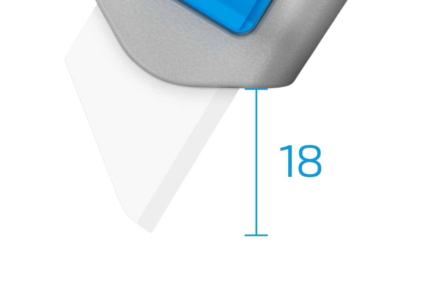 Ein Teil eines Werkzeugs mit einer blauen Spitze und einer Klinge, daneben eine vertikale Linie mit der Zahl '18', vermutlich eine Maßangabe.