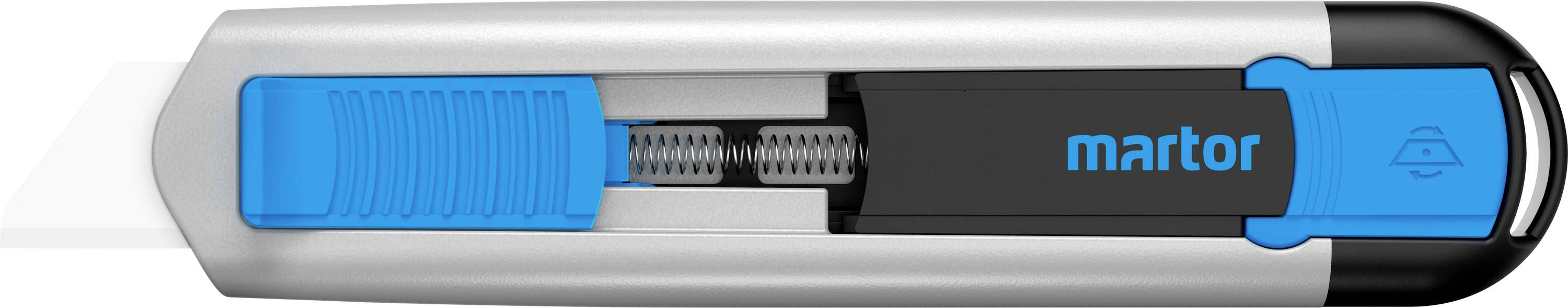 Ein silbernes Cuttermesser mit blauem Schiebegriff und schwarzem Mittelteil, auf dem 'martor' steht.