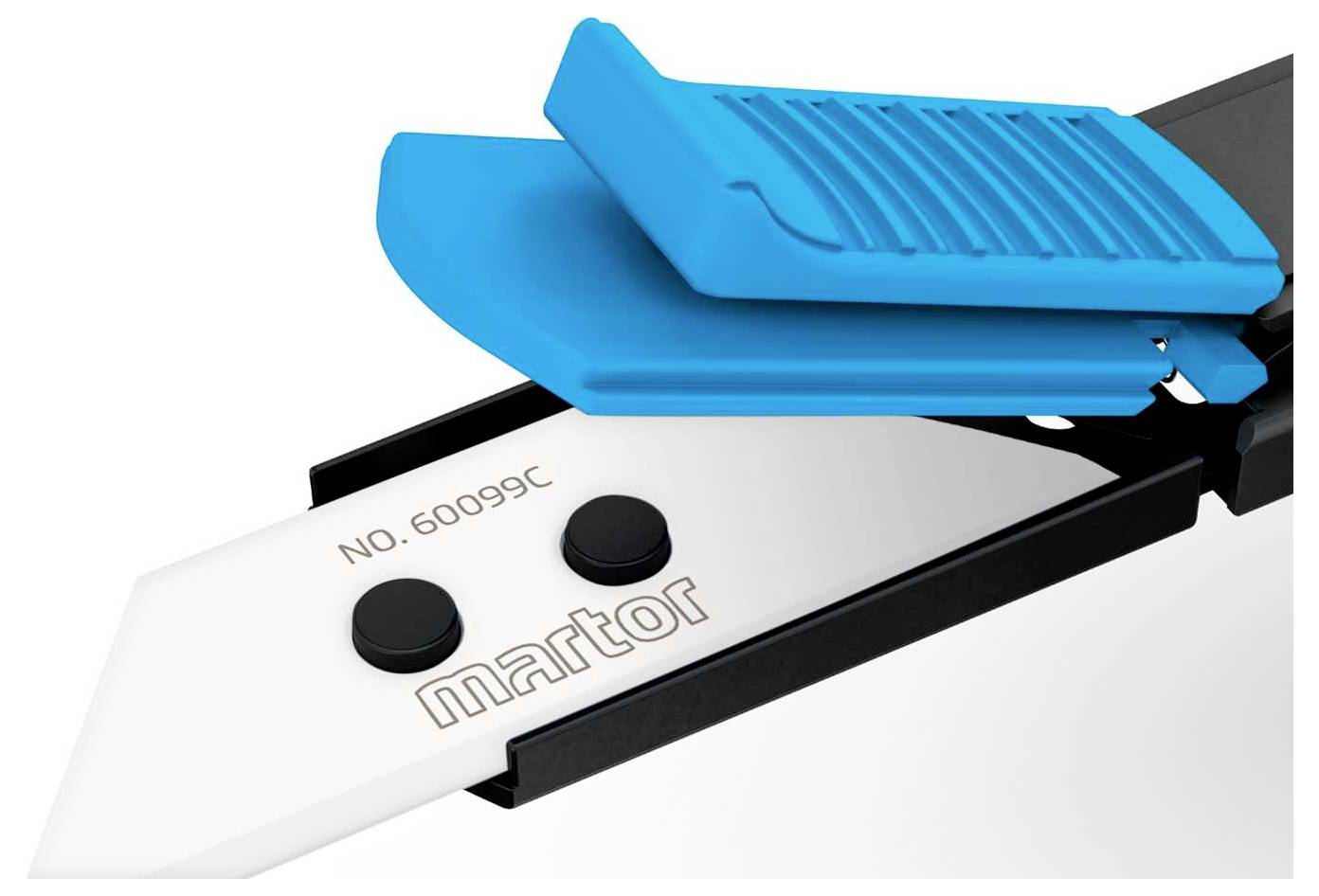 Ein Cuttermesser mit blauer Schutzkappe und weißer Klinge. Auf der Klinge steht 'martor' und 'NO.60099C'.