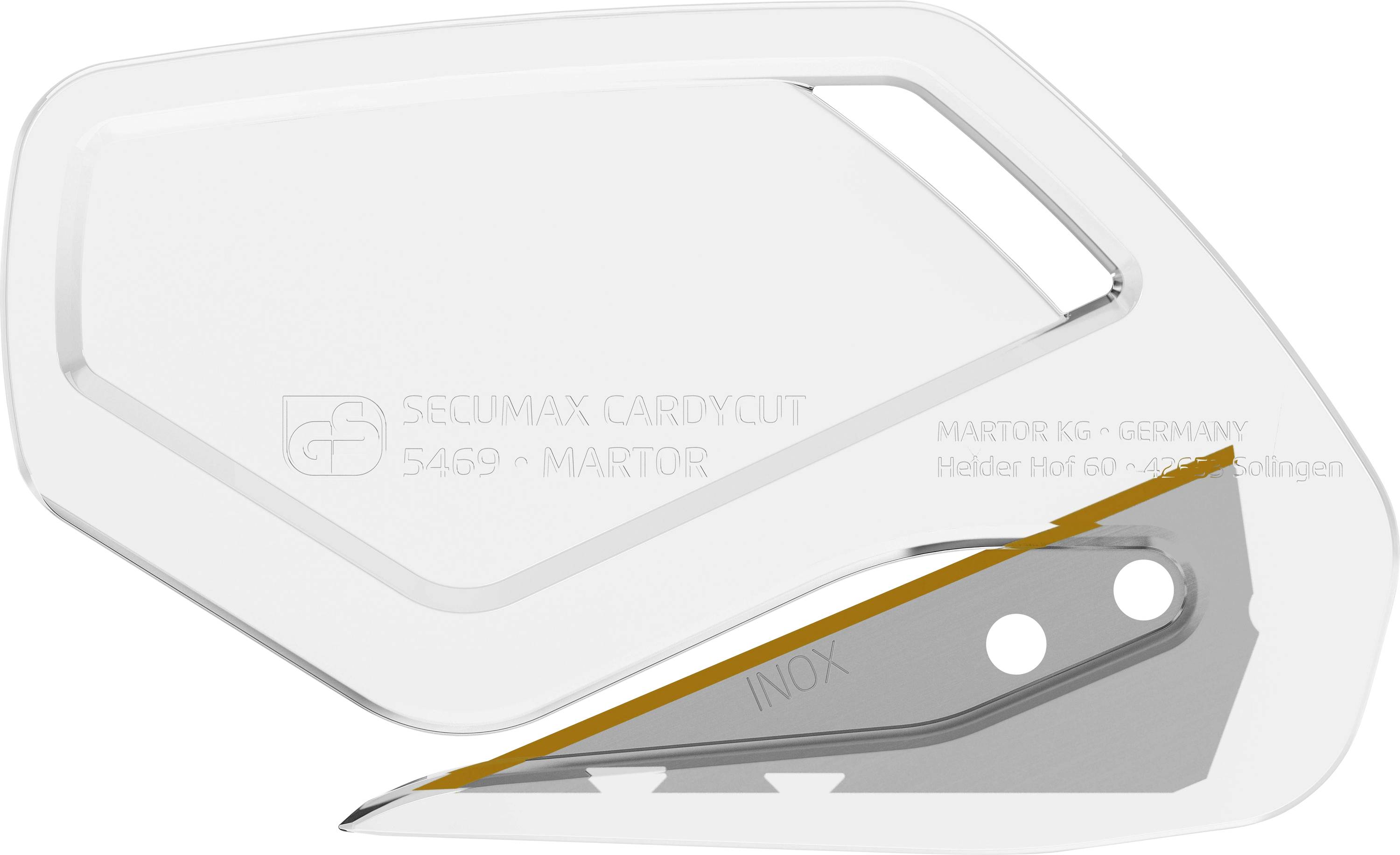 Kunststoff-Cutter mit integriertem Sicherheitsmesser, transparentes Design. Markierungen: 'SECU MAX CARDYCUT 5469', 'INVOX'.
