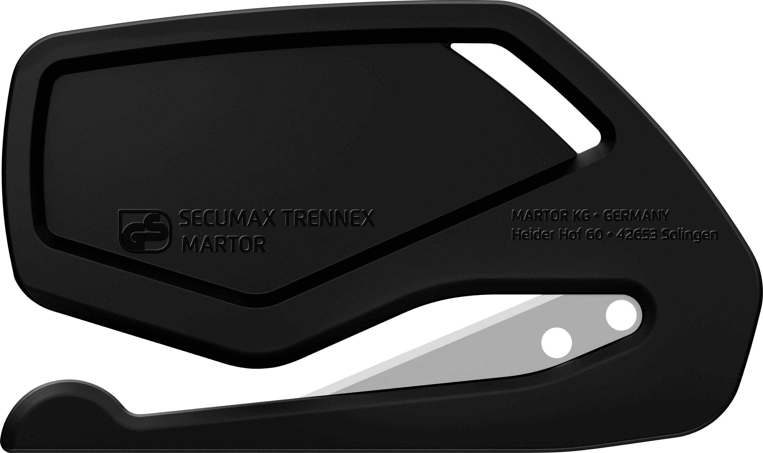 Schwarzer Sicherheitsmesser mit Klingenschutz und ergonomischem Griff, geeignet für sicheres Schneiden von Verpackungsmaterialien.