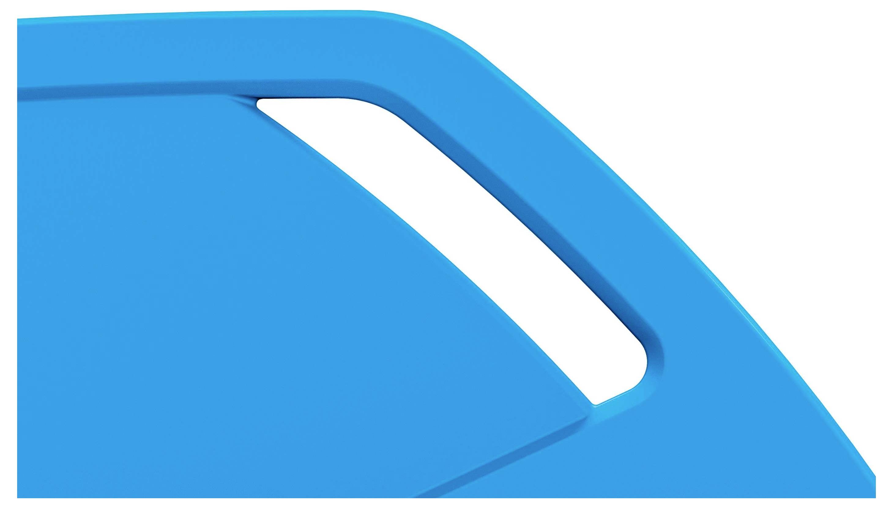 Blaues, abgerundetes Rechteck mit einem schmalen, weißen Schlitz im oberen rechten Bereich. Minimalistisches, modernes Design.