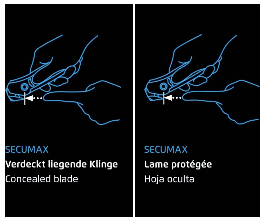 'SECUMAX' Sicherheitsmesser mit verdeckt liegender Klinge. Abbildung zeigt sicheren Halt durch Vermeiden von Fingerkontakt mit der Klinge.