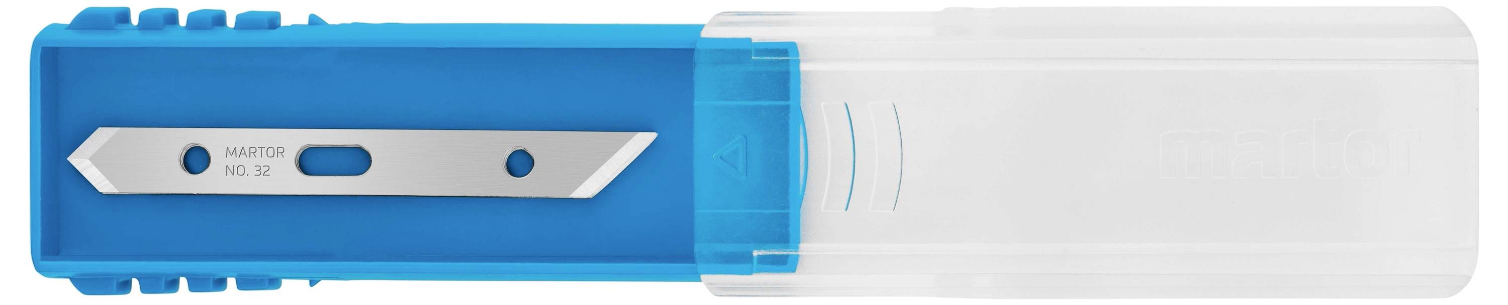 Blauer Kartonöffner mit herausragendem Stahlmesser, teiltransparentem Griffdeckel; Markierung auf Klinge 'Martor Solingen'.