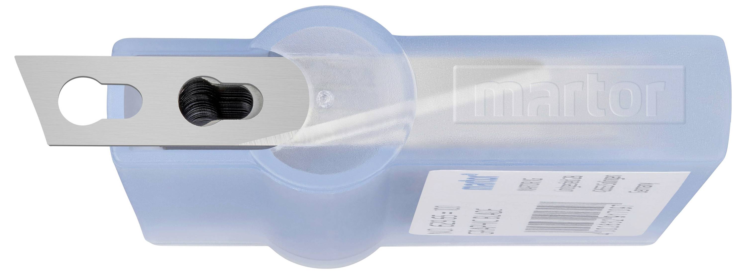 Ein blaues Sicherheitsmesser mit Klinge, teilweise im Gehäuse verborgen.