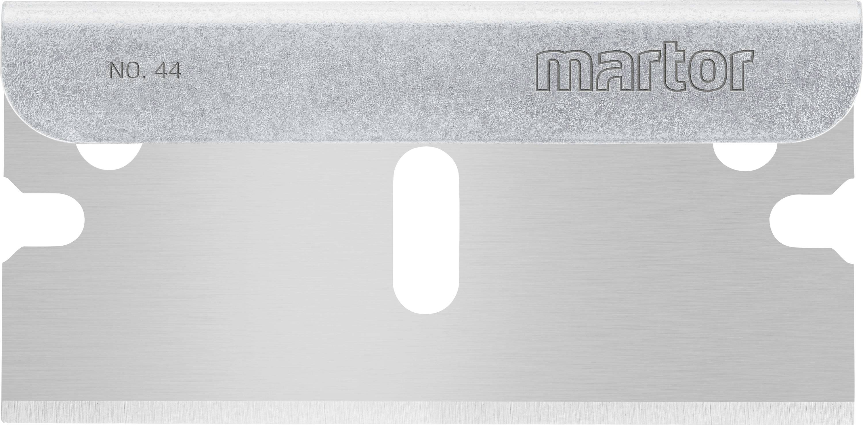 Ein Rasierklingenmesser der Marke Martor, Modellnummer 44, zeigt eine gerade, silberne Klinge mit runden Aussparungen an den Seiten.