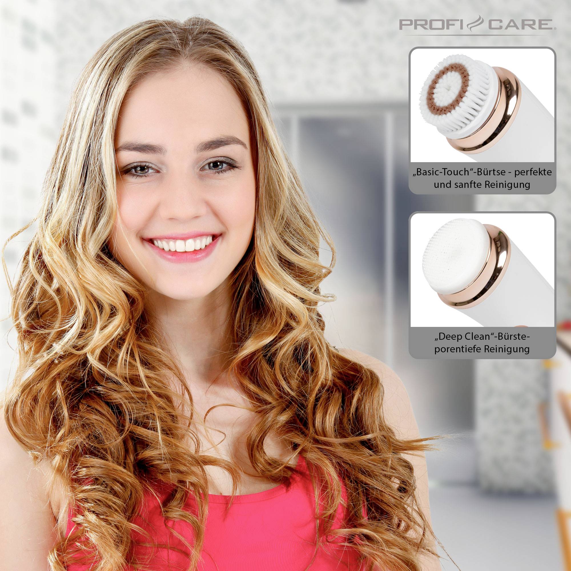 Eine lächelnde Frau mit langen blonden Haaren. Oben rechts Abbildungen von zwei Bürsten: 'Basic-Touch' für sanfte und 'Deep Clean' für gründliche Reinigung.