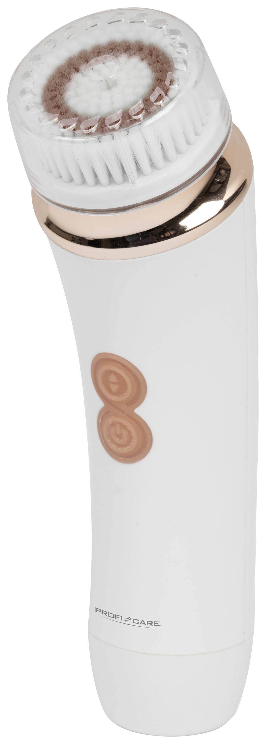 Elektrische Gesichtsbürste mit runder Bürste oben und zwei Knöpfen am Griff; Weiß mit goldfarbenen Akzenten.