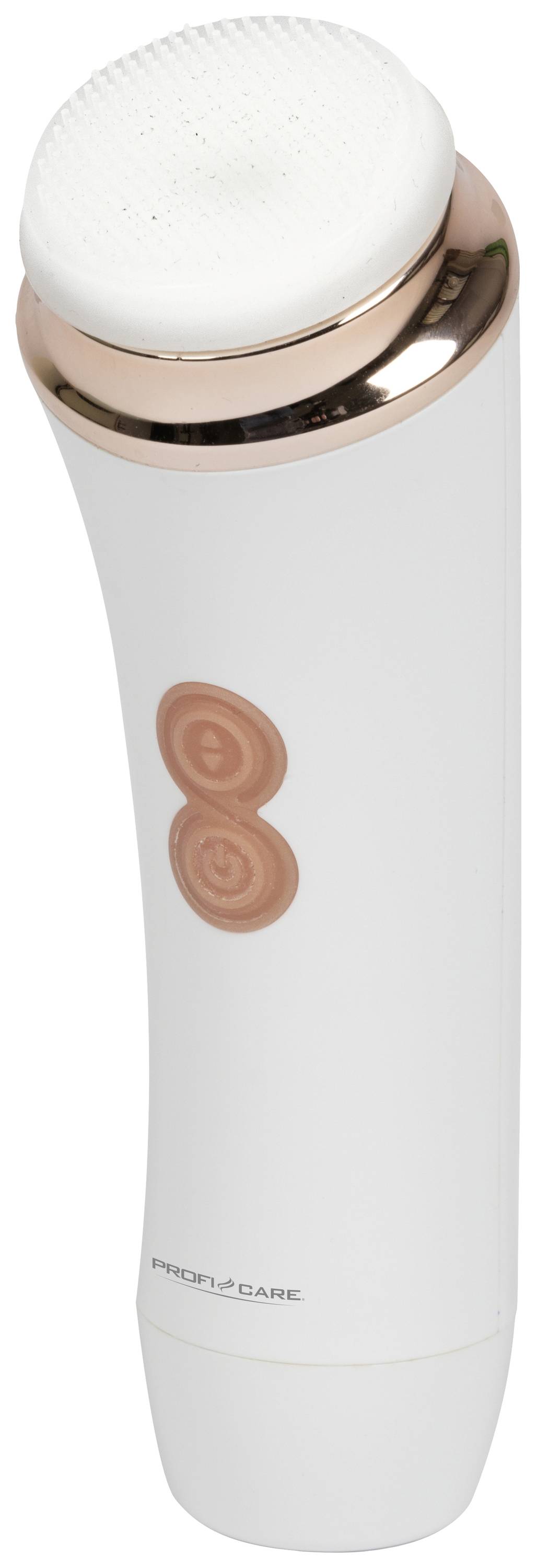 Elektronische Gesichtsbürste in Weiß mit goldenen Details und zwei Tasten an der Vorderseite.