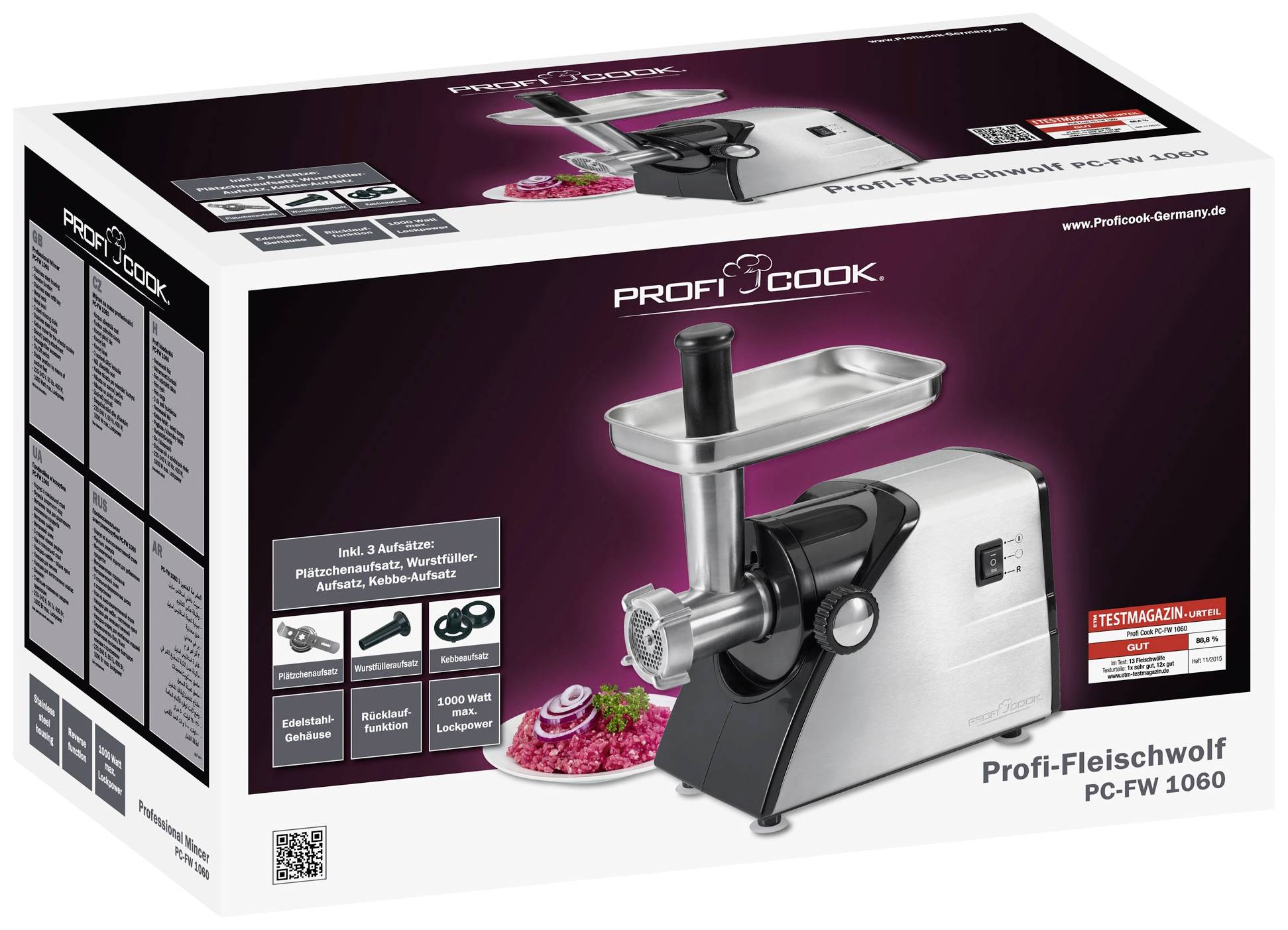 Profi Cook PC-FW 1060 501060 Fleischwolf 400 W Inox, Schwarz