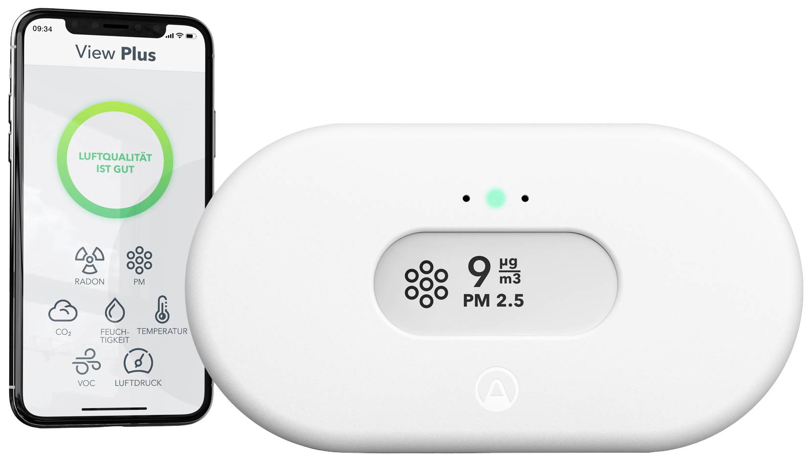 Airthings View Plus Luftgütesensor batteriebetrieben detektiert Radon, Kohlendioxid